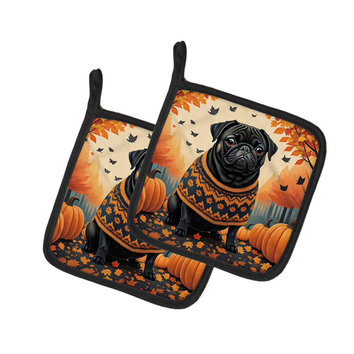 Black Pug Fall Pair of Pot Holders Kitchen Heat Resistant Pot Holders Sets Oven Hot Pads for Cooking Baking BBQ, 7 1/2 x 7 1/2