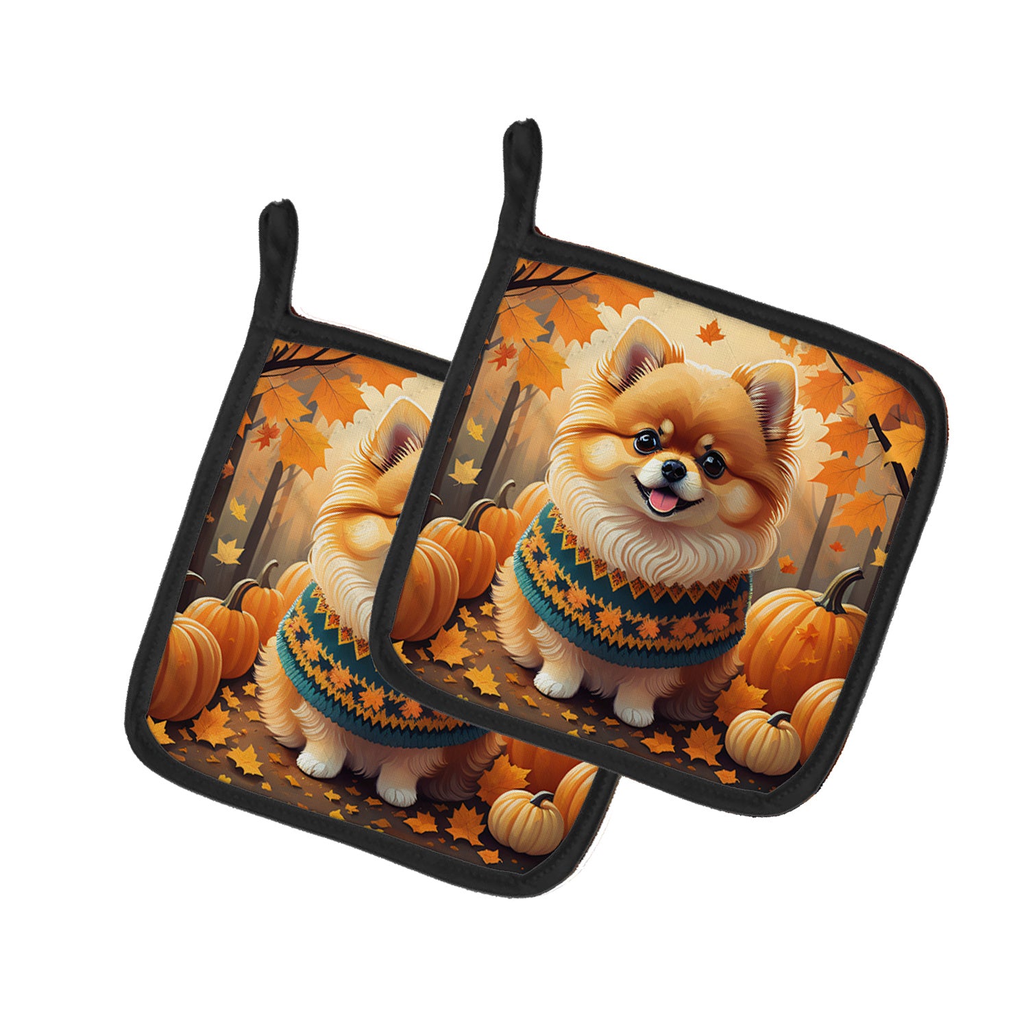 Pomeranian Fall Pair of Pot Holders Kitchen Heat Resistant Pot Holders Sets Oven Hot Pads for Cooking Baking BBQ, 7 1/2 x 7 1/2