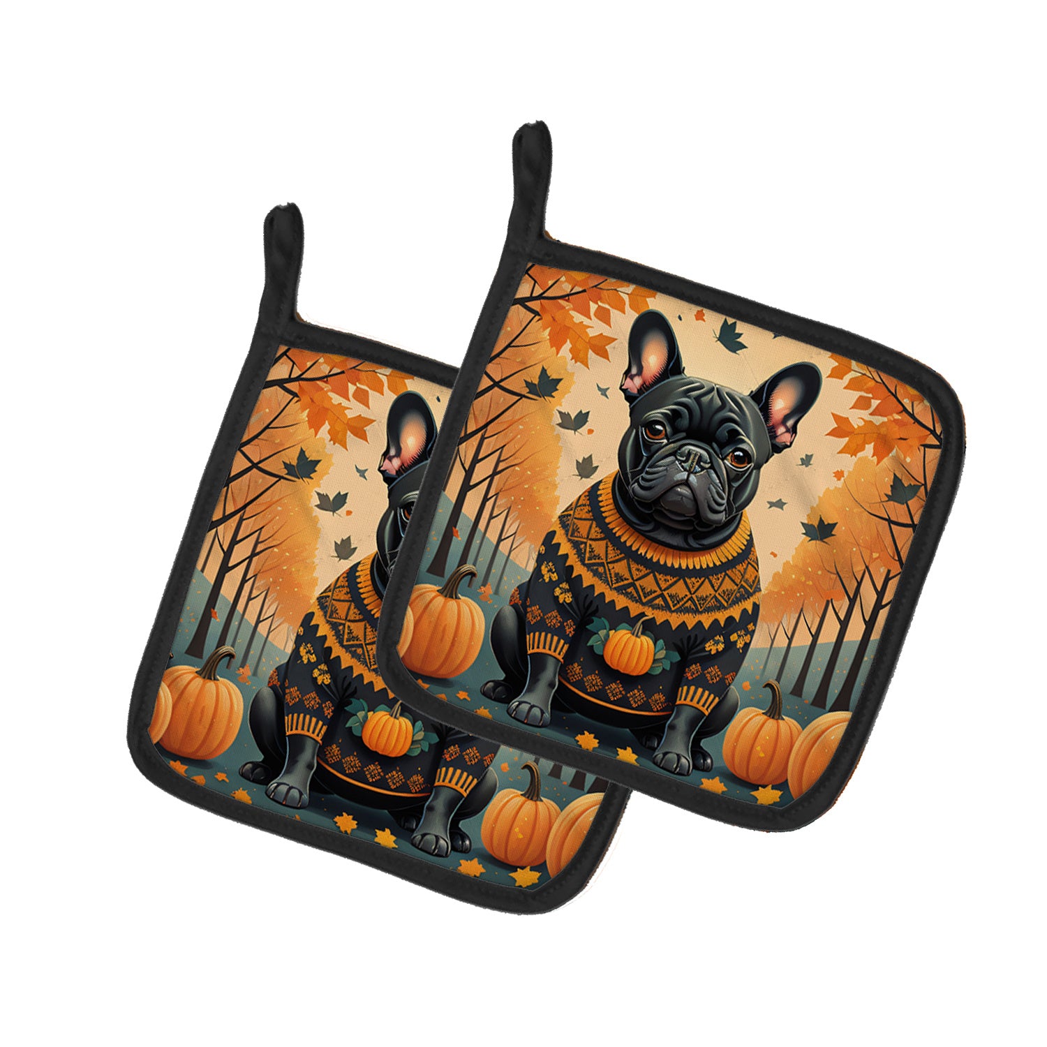 Black French Bulldog Fall Pair of Pot Holders Kitchen Heat Resistant Pot Holders Sets Oven Hot Pads for Cooking Baking BBQ, 7 1/2 x 7 1/2