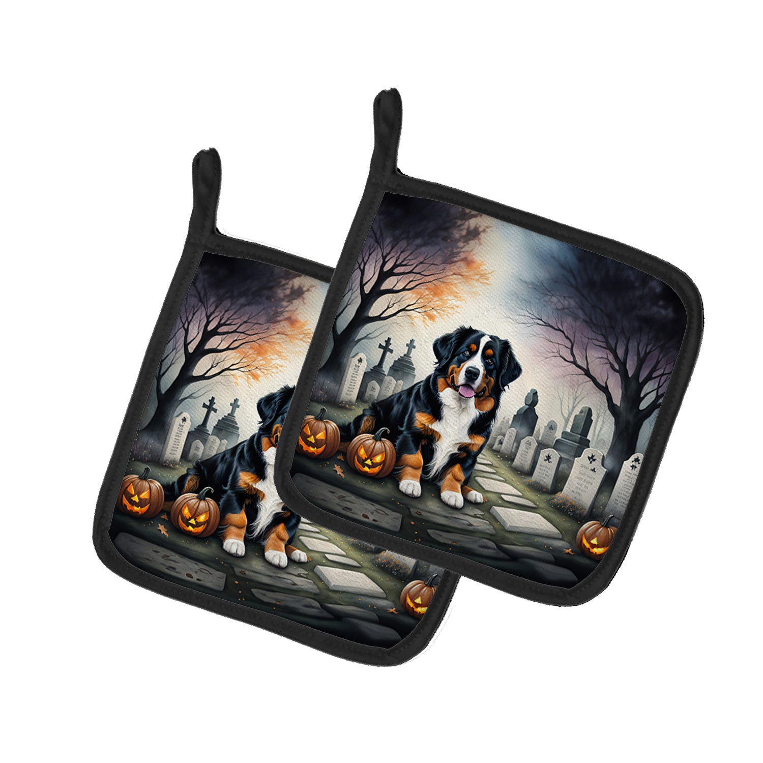 Bernese Mountain Dog Spooky Halloween Pair of Pot Holders Kitchen Heat Resistant Pot Holders Sets Oven Hot Pads for Cooking Baking BBQ, 7 1/2 x 7 1/2