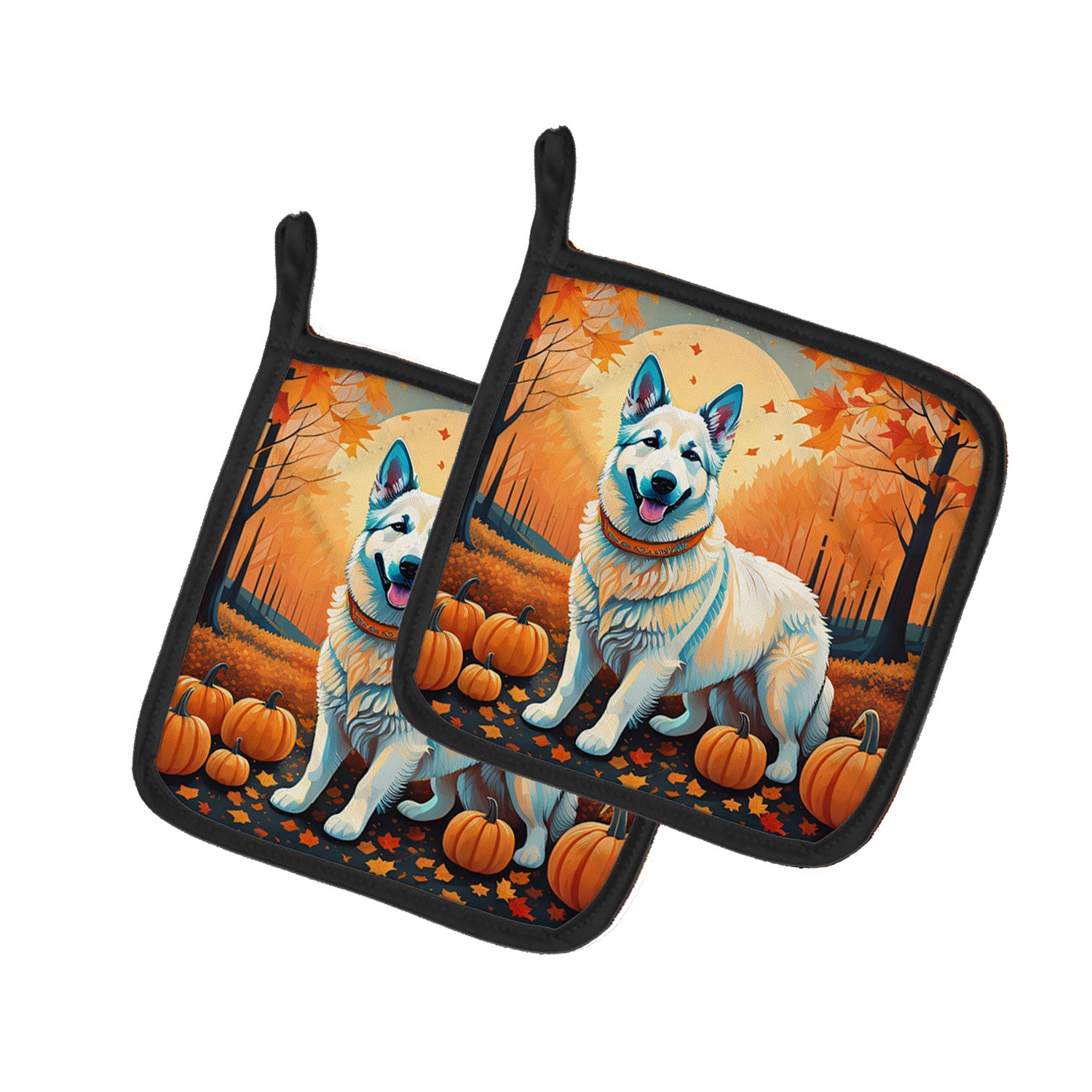 White German Shepherd Fall Pair of Pot Holders Kitchen Heat Resistant Pot Holders Sets Oven Hot Pads for Cooking Baking BBQ, 7 1/2 x 7 1/2