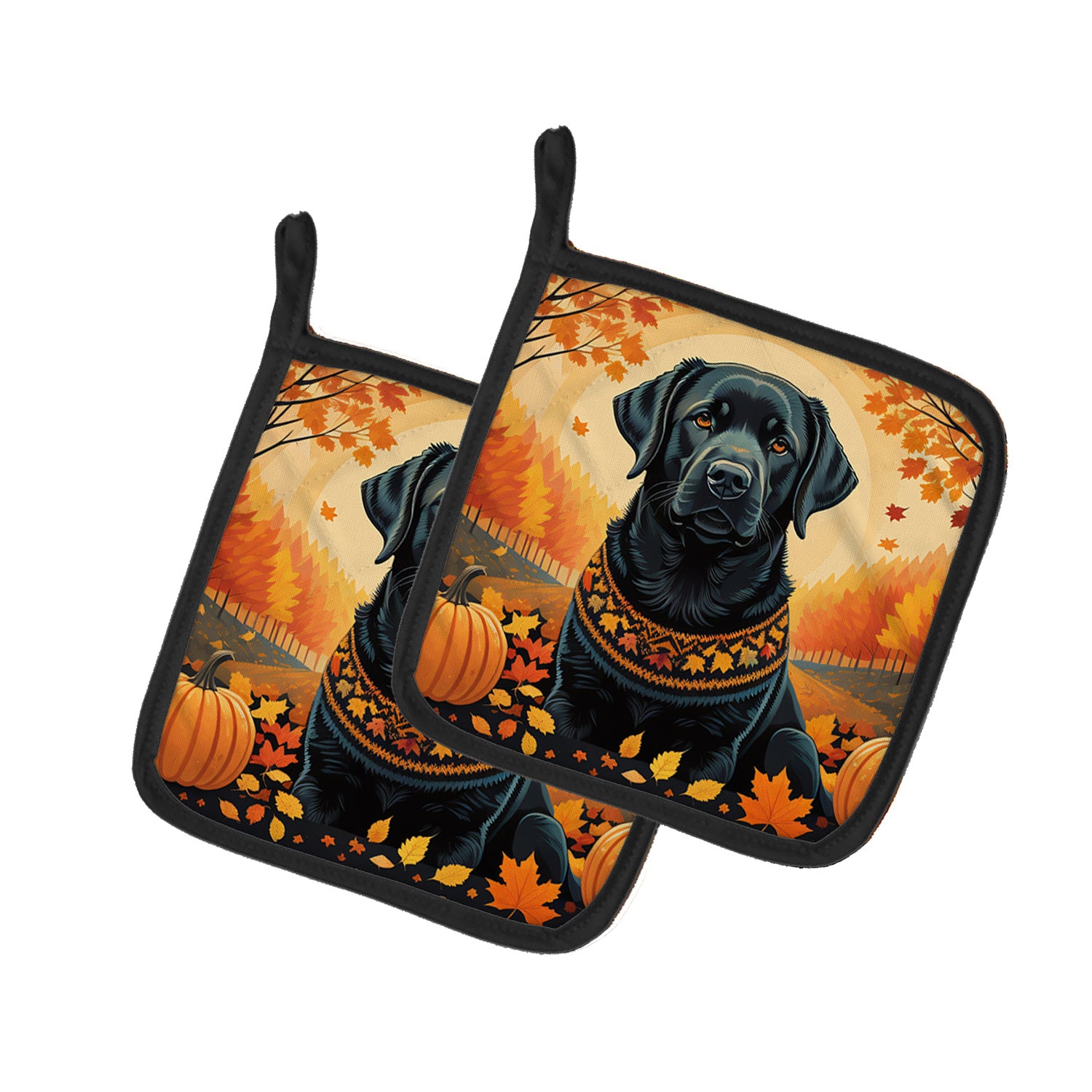 Black Labrador Retriever Fall Pair of Pot Holders Kitchen Heat Resistant Pot Holders Sets Oven Hot Pads for Cooking Baking BBQ, 7 1/2 x 7 1/2