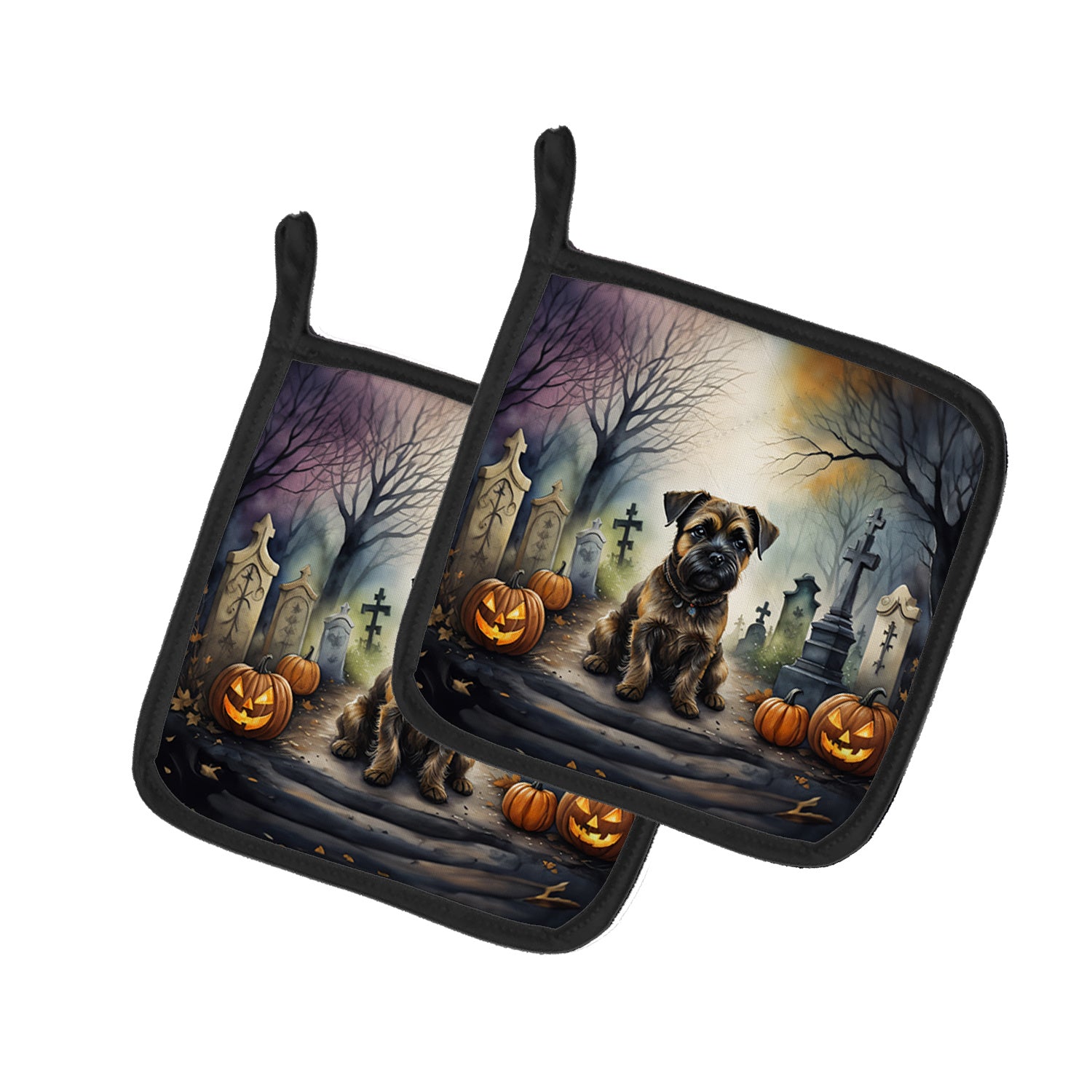 Border Terrier Spooky Halloween Pair of Pot Holders Kitchen Heat Resistant Pot Holders Sets Oven Hot Pads for Cooking Baking BBQ, 7 1/2 x 7 1/2