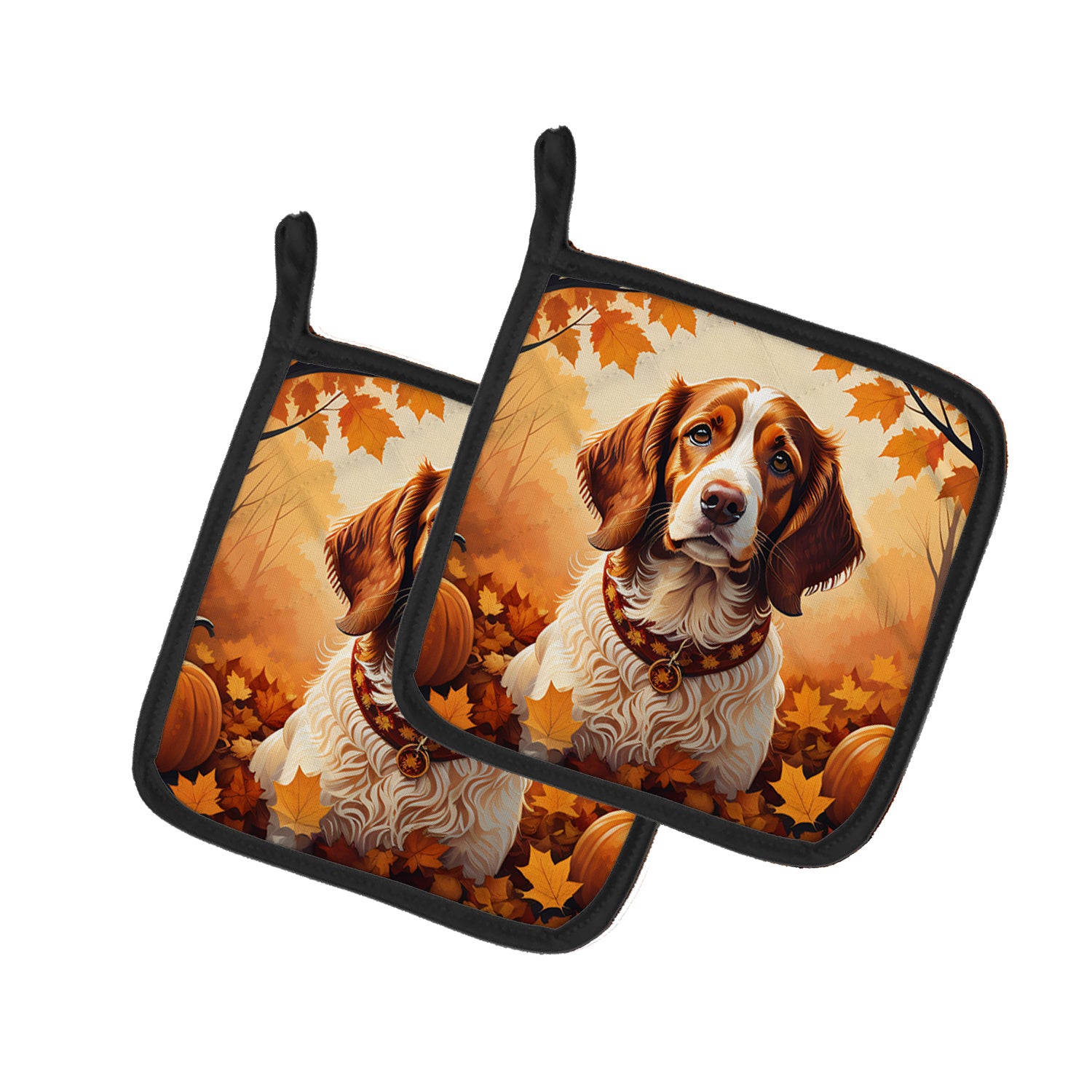 Brittany Spaniel Fall Pair of Pot Holders Kitchen Heat Resistant Pot Holders Sets Oven Hot Pads for Cooking Baking BBQ, 7 1/2 x 7 1/2