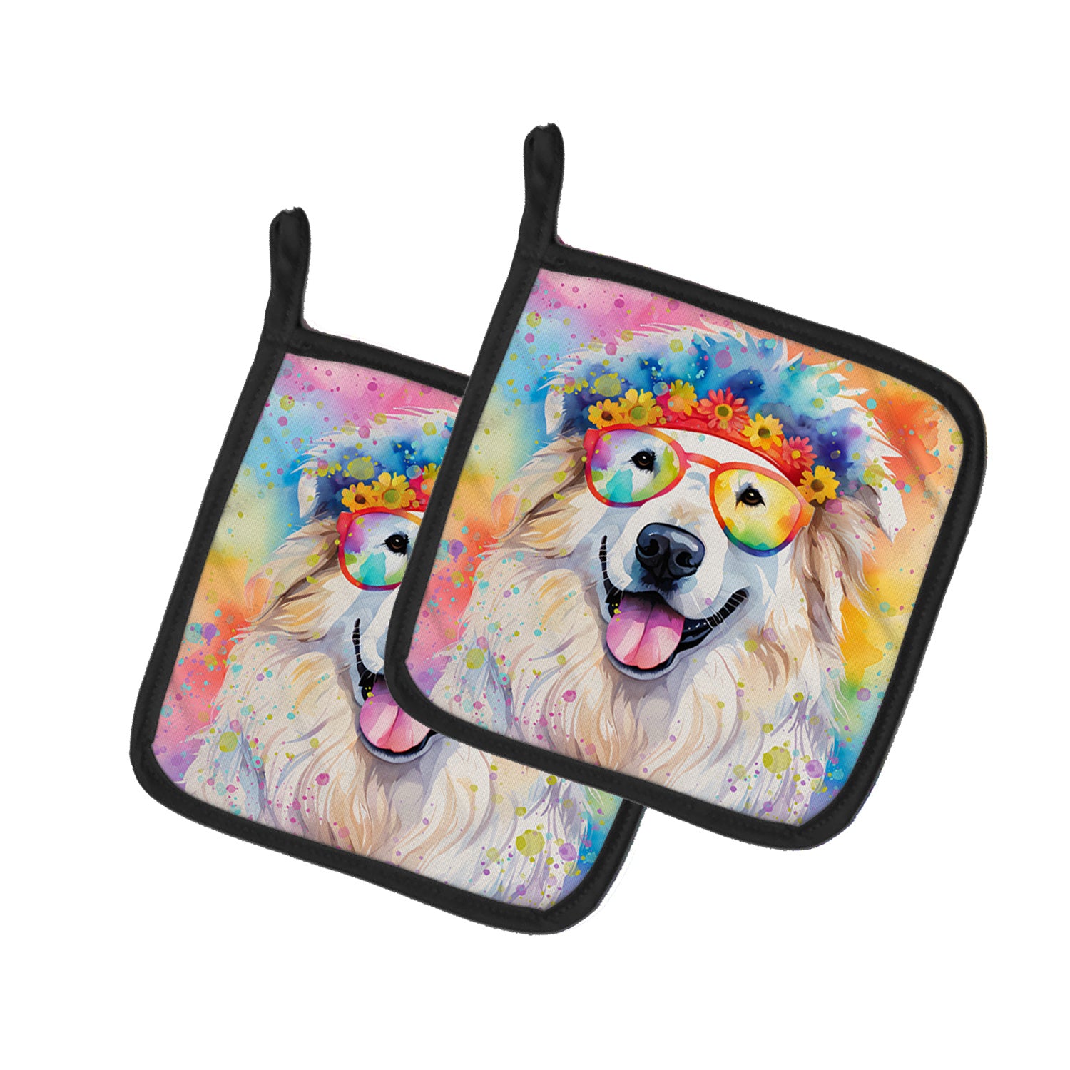 Great Pyrenees Hippie Dawg Pair of Pot Holders Kitchen Heat Resistant Pot Holders Sets Oven Hot Pads for Cooking Baking BBQ, 7 1/2 x 7 1/2