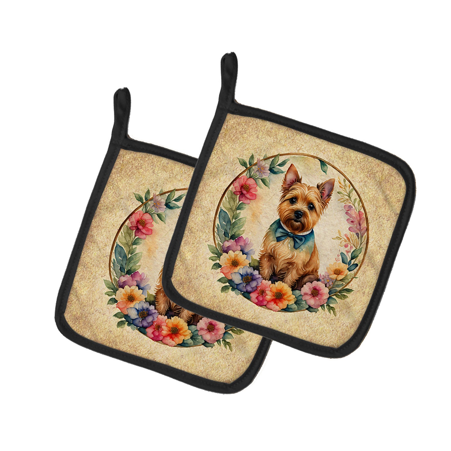 Norwich Terrier and Flowers Pair of Pot Holders Kitchen Heat Resistant Pot Holders Sets Oven Hot Pads for Cooking Baking BBQ, 7 1/2 x 7 1/2