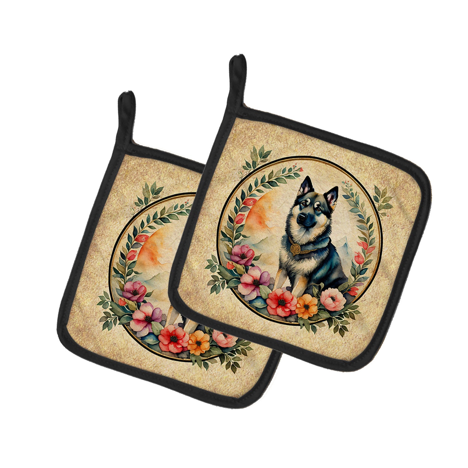 Norwegian Elkhound and Flowers Pair of Pot Holders Kitchen Heat Resistant Pot Holders Sets Oven Hot Pads for Cooking Baking BBQ, 7 1/2 x 7 1/2