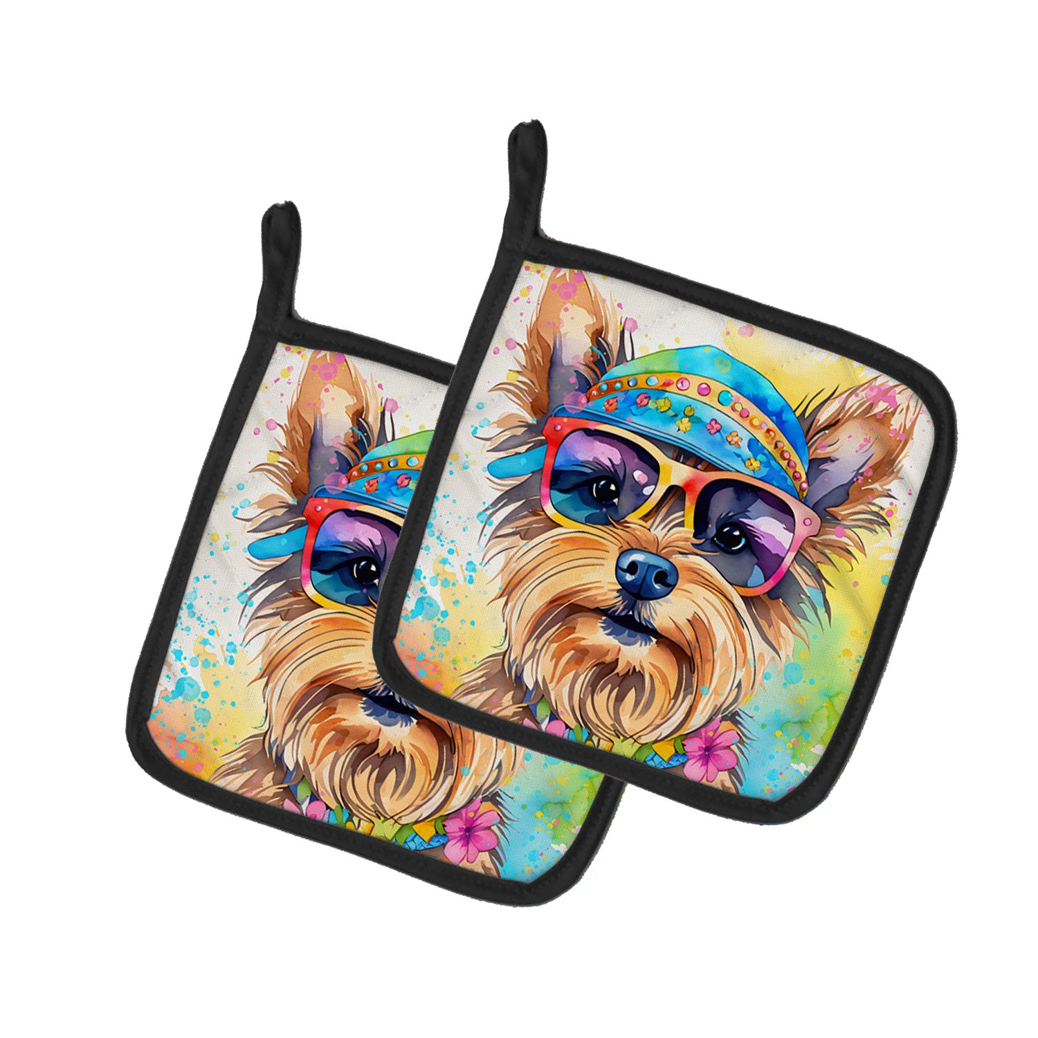 Yorkshire Terrier Hippie Dawg Pair of Pot Holders Kitchen Heat Resistant Pot Holders Sets Oven Hot Pads for Cooking Baking BBQ, 7 1/2 x 7 1/2