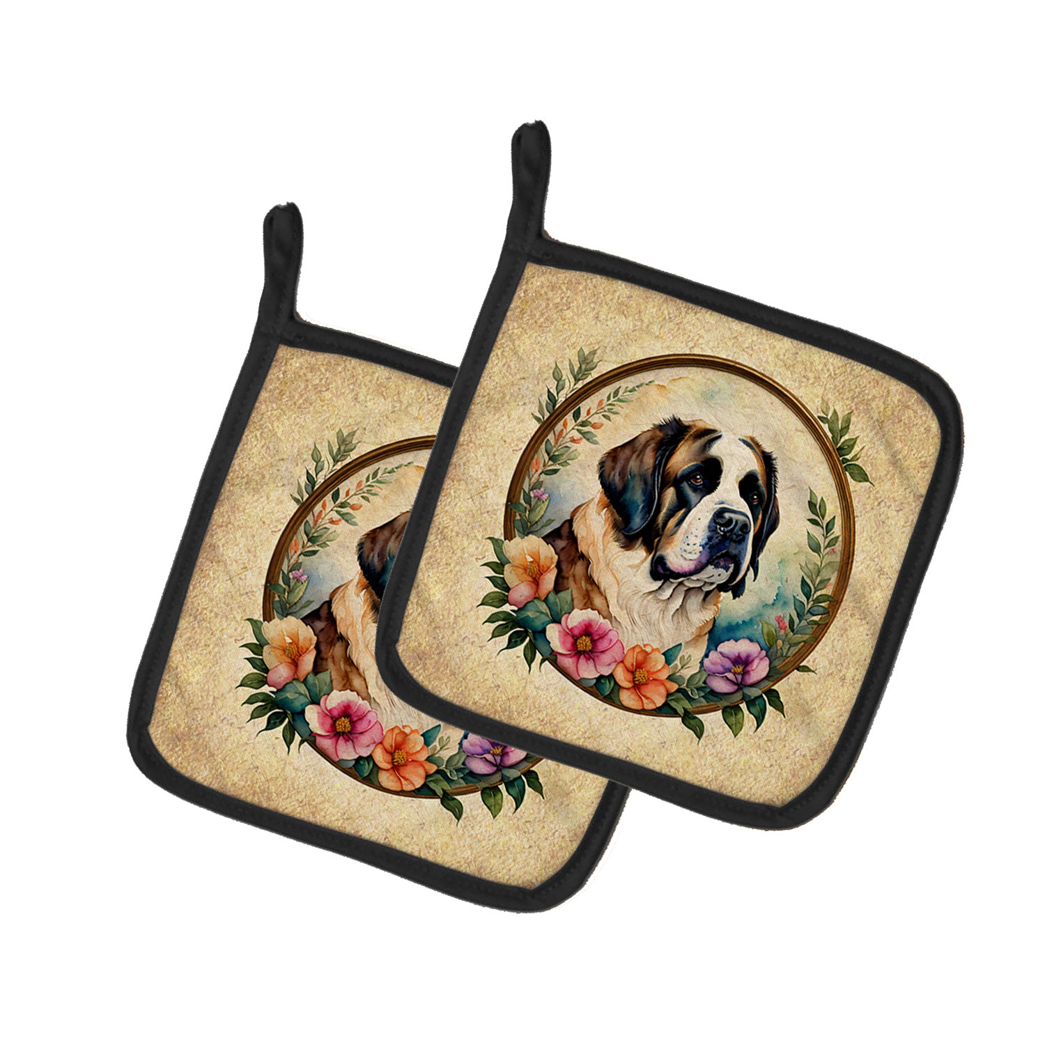 Saint Bernard and Flowers Pair of Pot Holders Kitchen Heat Resistant Pot Holders Sets Oven Hot Pads for Cooking Baking BBQ, 7 1/2 x 7 1/2