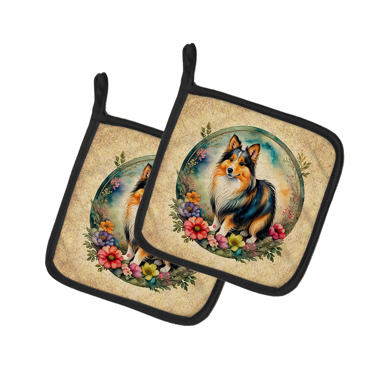 Sheltie and Flowers Pair of Pot Holders Kitchen Heat Resistant Pot Holders Sets Oven Hot Pads for Cooking Baking BBQ, 7 1/2 x 7 1/2