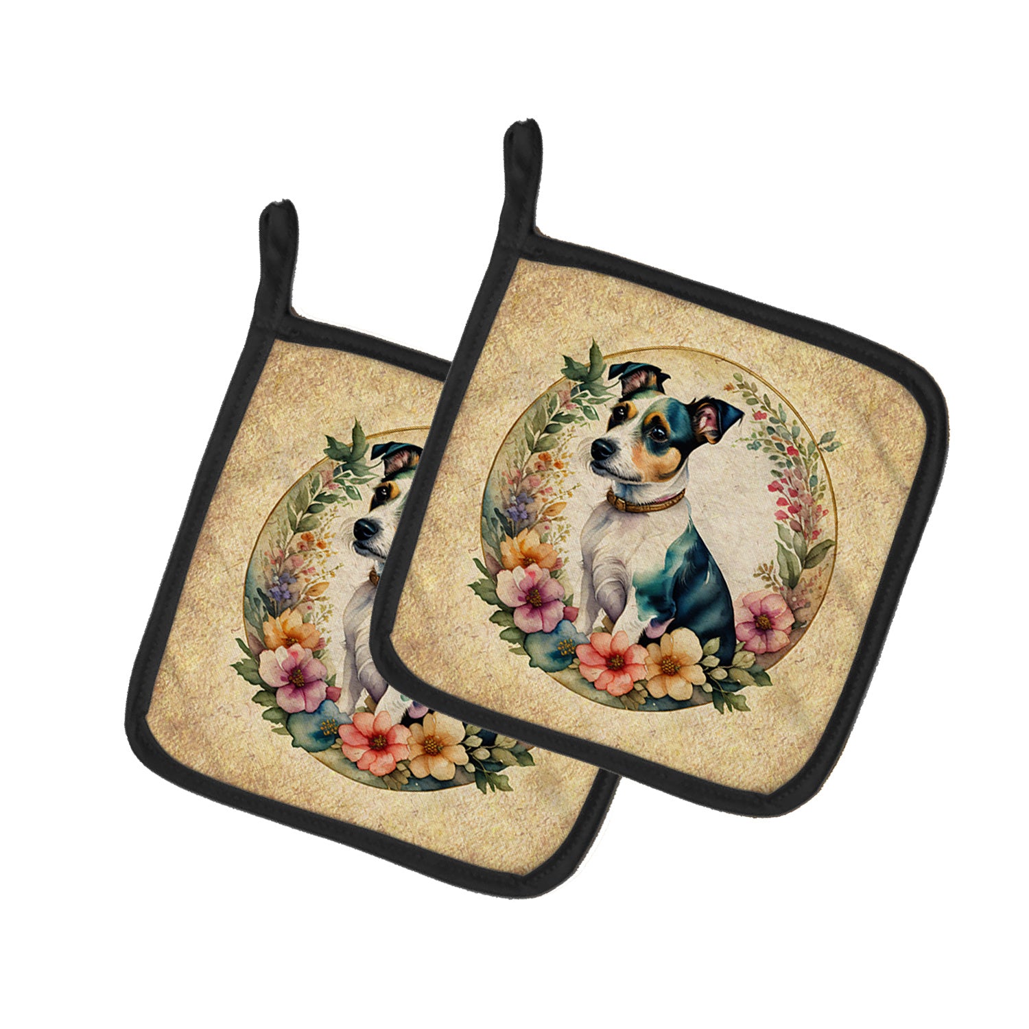 Jack Russell Terrier and Flowers Pair of Pot Holders Kitchen Heat Resistant Pot Holders Sets Oven Hot Pads for Cooking Baking BBQ, 7 1/2 x 7 1/2