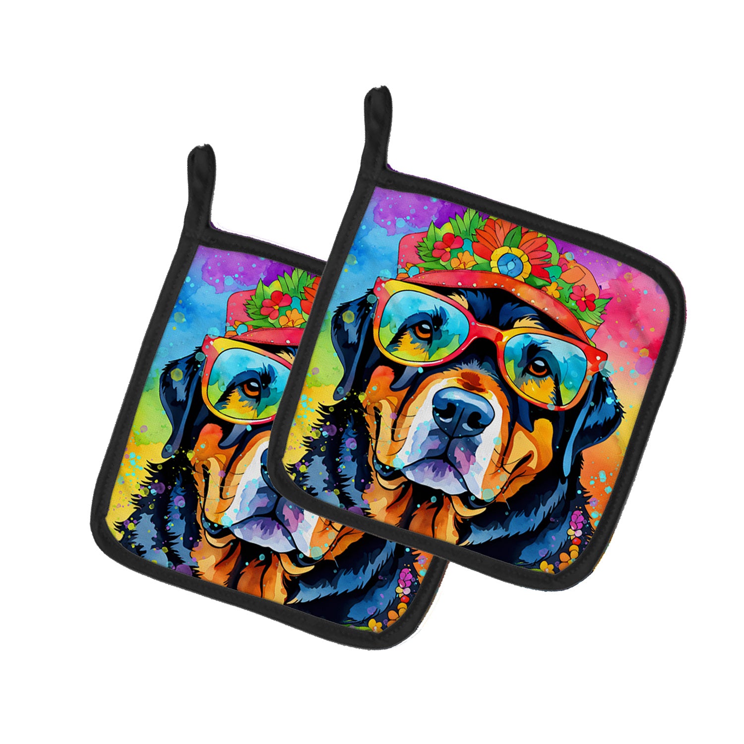 Rottweiler Hippie Dawg Pair of Pot Holders Kitchen Heat Resistant Pot Holders Sets Oven Hot Pads for Cooking Baking BBQ, 7 1/2 x 7 1/2