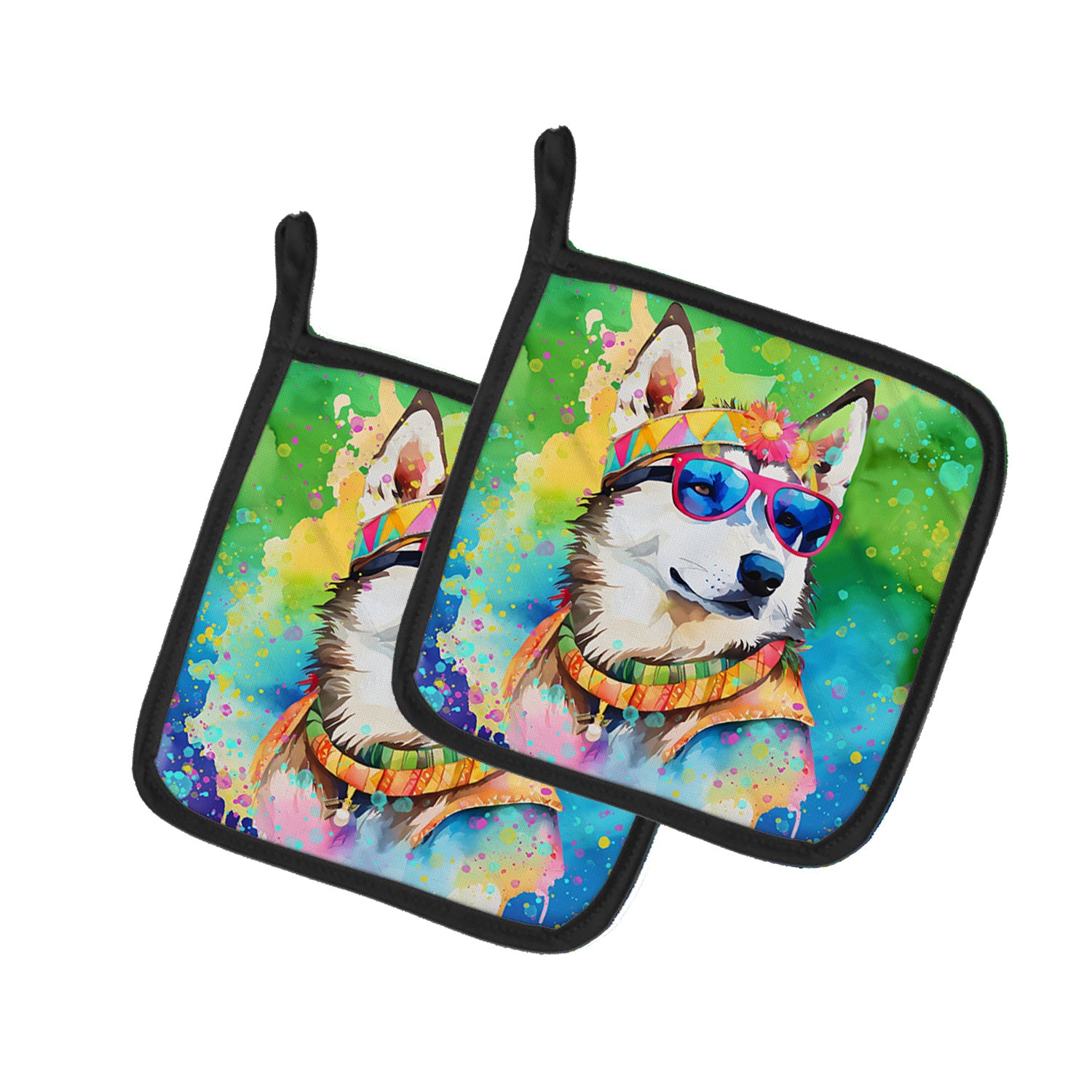 Siberian Husky Hippie Dawg Pair of Pot Holders Kitchen Heat Resistant Pot Holders Sets Oven Hot Pads for Cooking Baking BBQ, 7 1/2 x 7 1/2