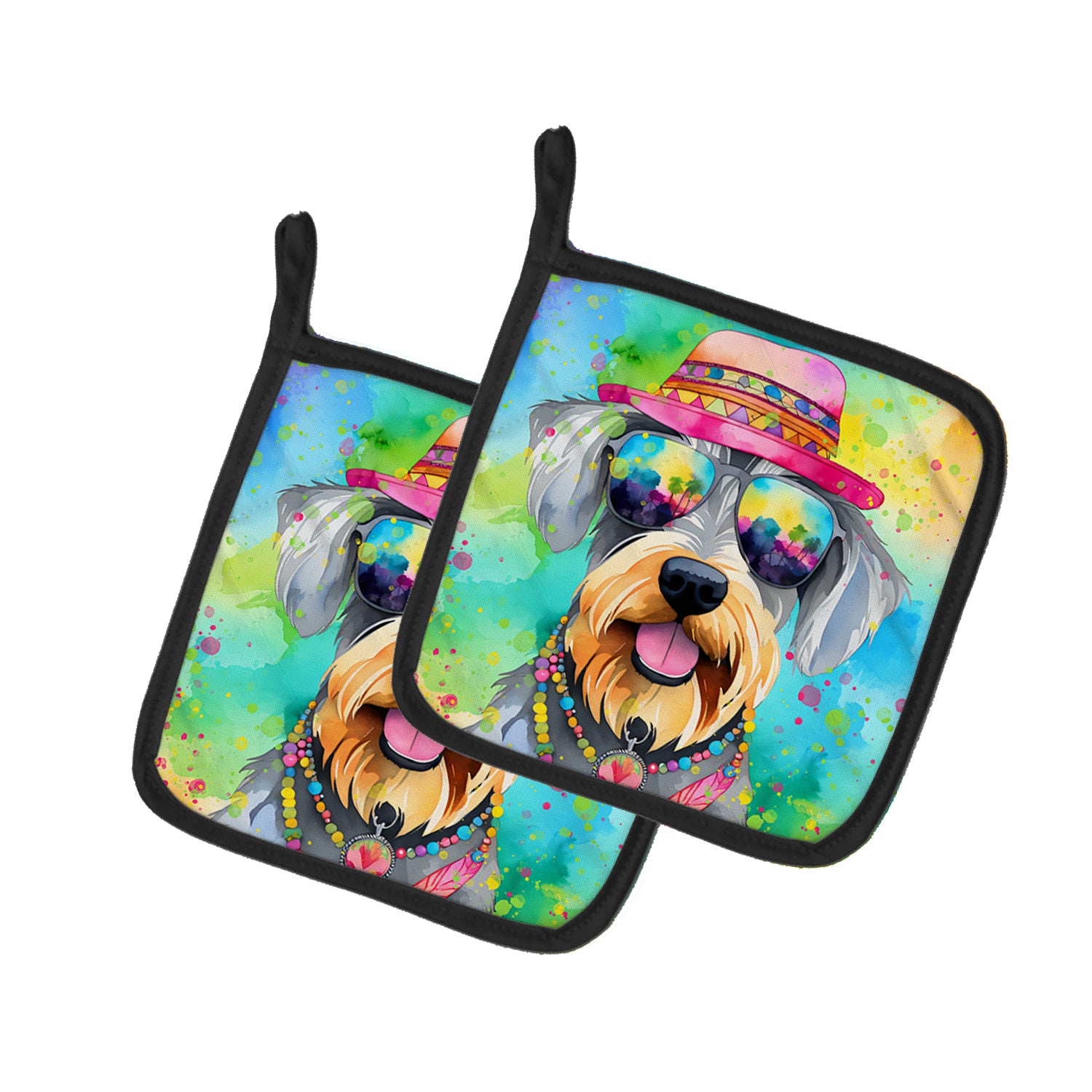 Schnauzer Hippie Dawg Pair of Pot Holders Kitchen Heat Resistant Pot Holders Sets Oven Hot Pads for Cooking Baking BBQ, 7 1/2 x 7 1/2