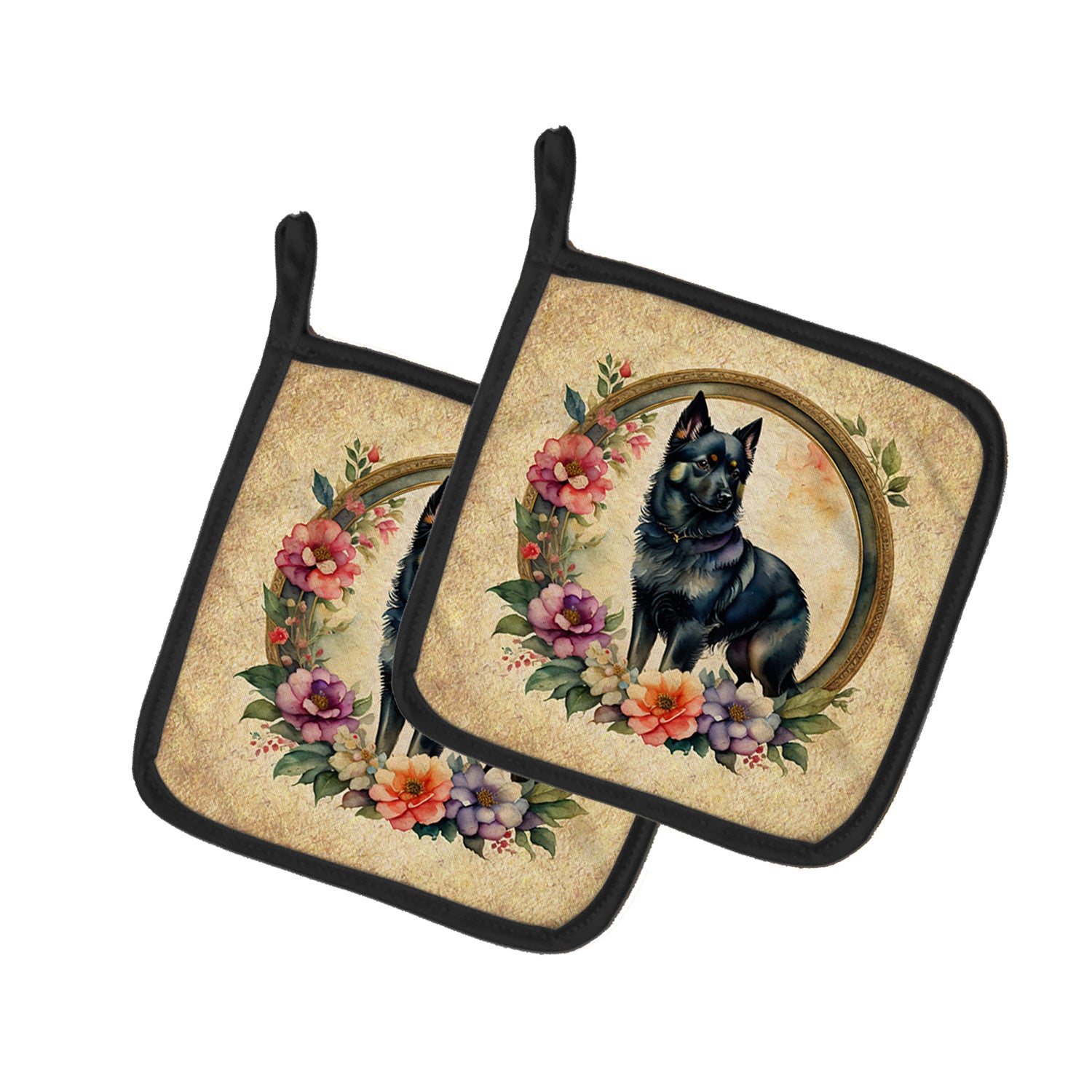 Schipperke and Flowers Pair of Pot Holders Kitchen Heat Resistant Pot Holders Sets Oven Hot Pads for Cooking Baking BBQ, 7 1/2 x 7 1/2