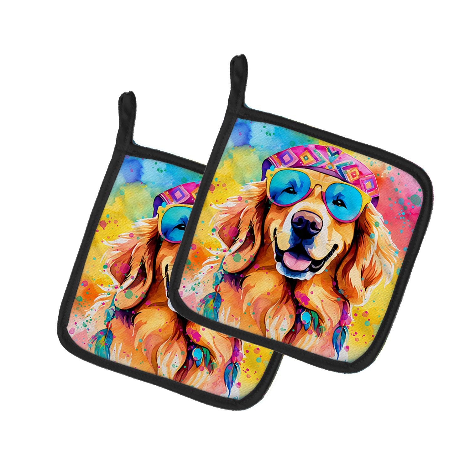 Golden Retriever Hippie Dawg Pair of Pot Holders Kitchen Heat Resistant Pot Holders Sets Oven Hot Pads for Cooking Baking BBQ, 7 1/2 x 7 1/2