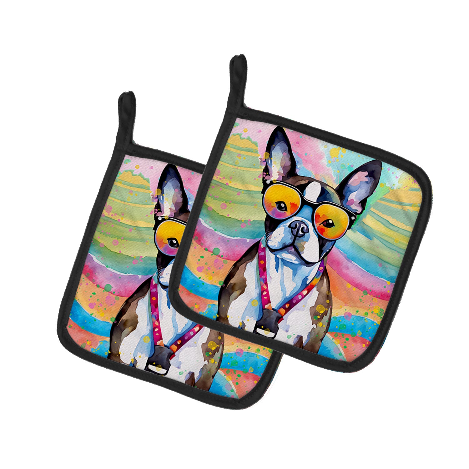 Boston Terrier Hippie Dawg Pair of Pot Holders Kitchen Heat Resistant Pot Holders Sets Oven Hot Pads for Cooking Baking BBQ, 7 1/2 x 7 1/2