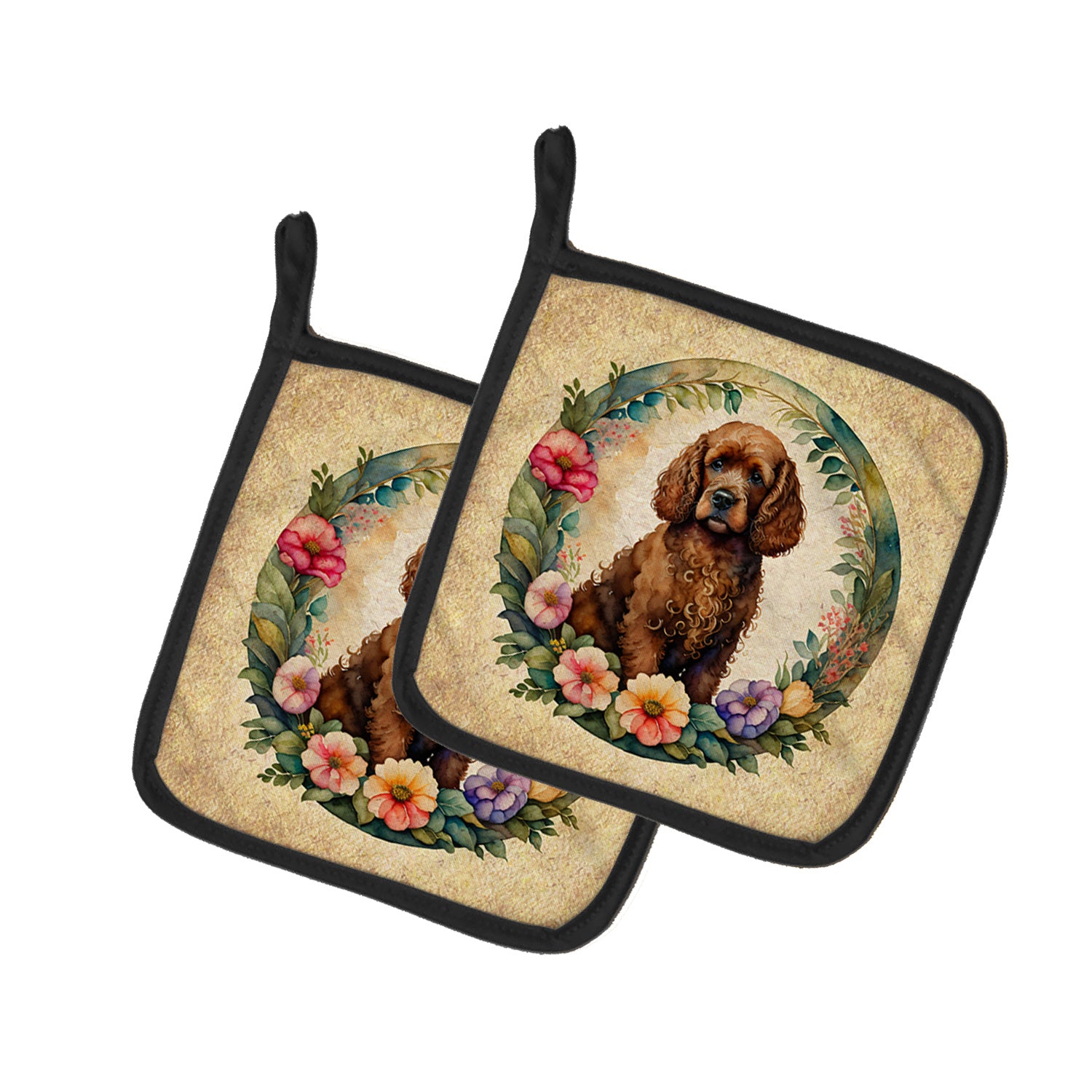 Irish Water Spaniel and Flowers Pair of Pot Holders Kitchen Heat Resistant Pot Holders Sets Oven Hot Pads for Cooking Baking BBQ, 7 1/2 x 7 1/2