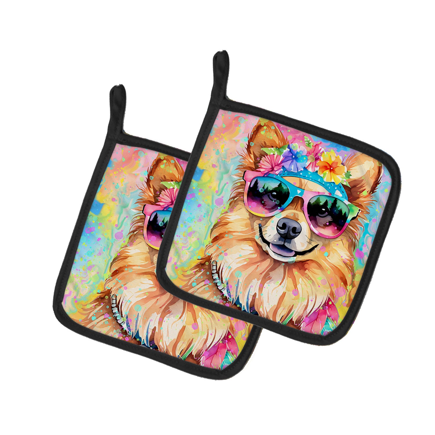 Pomeranian Hippie Dawg Pair of Pot Holders Kitchen Heat Resistant Pot Holders Sets Oven Hot Pads for Cooking Baking BBQ, 7 1/2 x 7 1/2