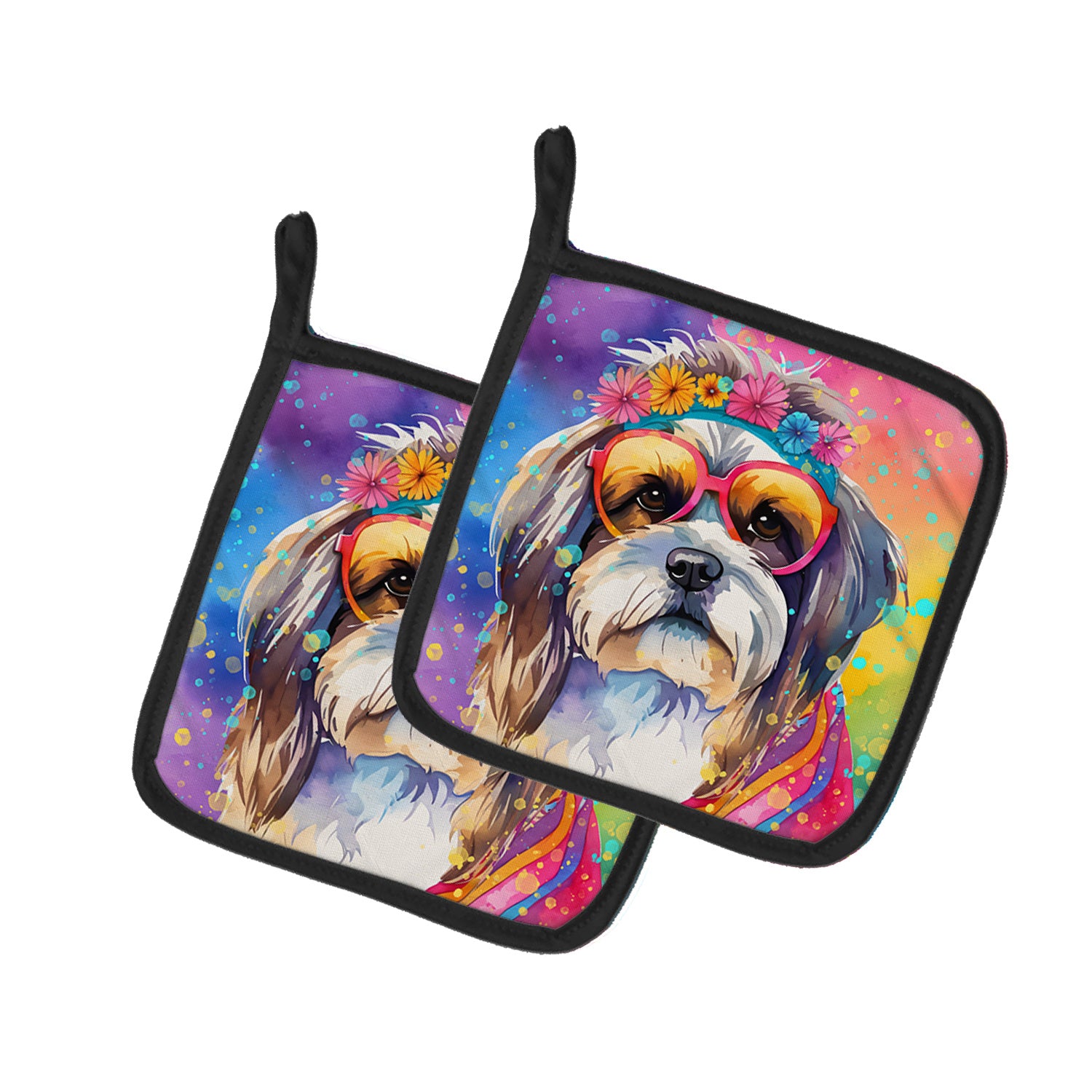 Shih Tzu Hippie Dawg Pair of Pot Holders Kitchen Heat Resistant Pot Holders Sets Oven Hot Pads for Cooking Baking BBQ, 7 1/2 x 7 1/2