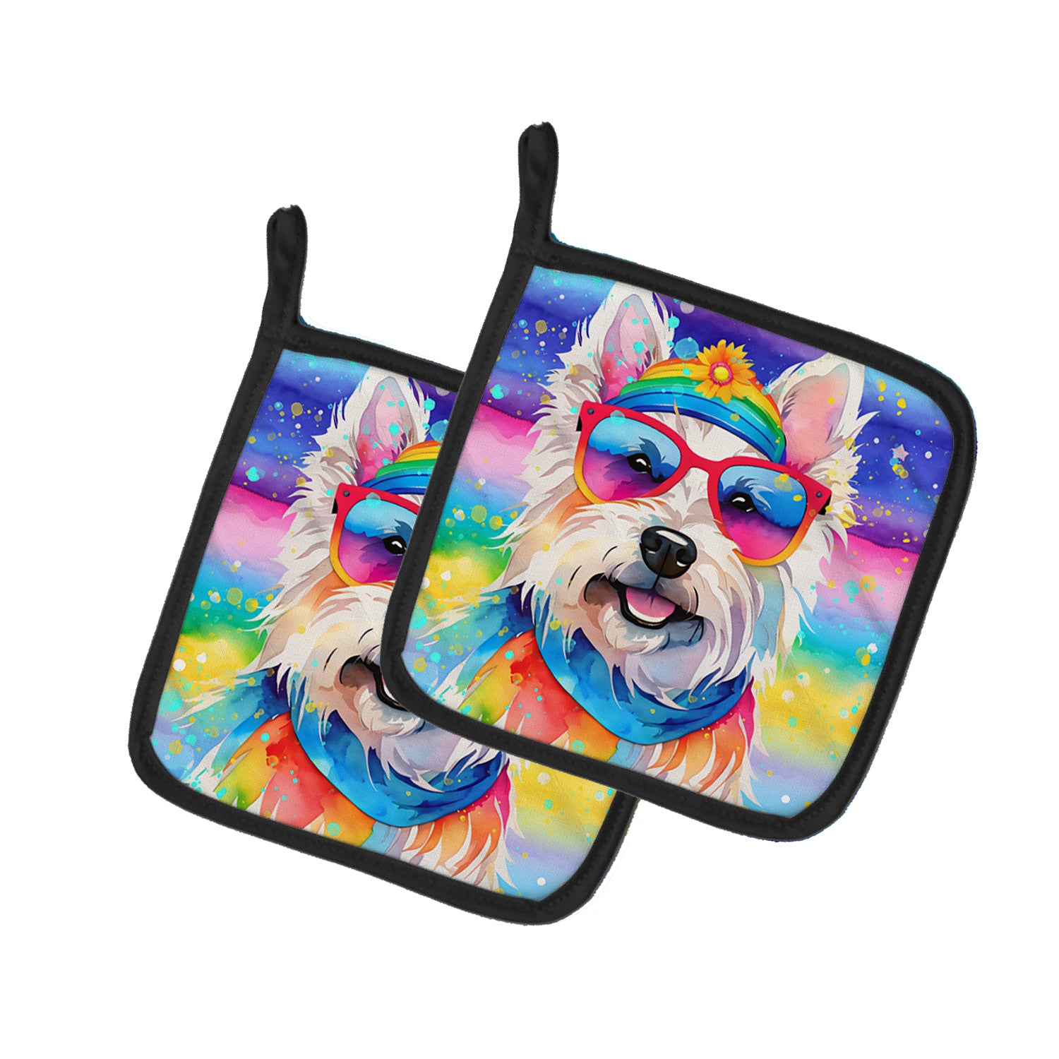 Westie Hippie Dawg Pair of Pot Holders Kitchen Heat Resistant Pot Holders Sets Oven Hot Pads for Cooking Baking BBQ, 7 1/2 x 7 1/2