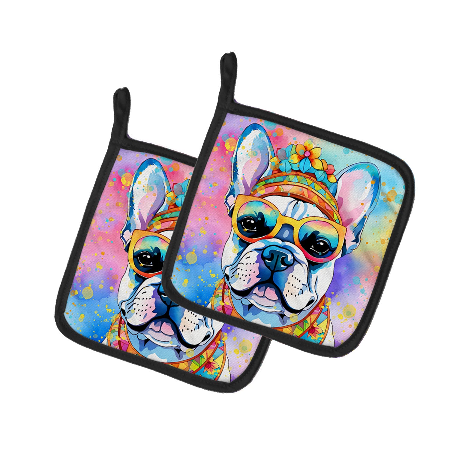 French Bulldog Hippie Dawg Pair of Pot Holders Kitchen Heat Resistant Pot Holders Sets Oven Hot Pads for Cooking Baking BBQ, 7 1/2 x 7 1/2