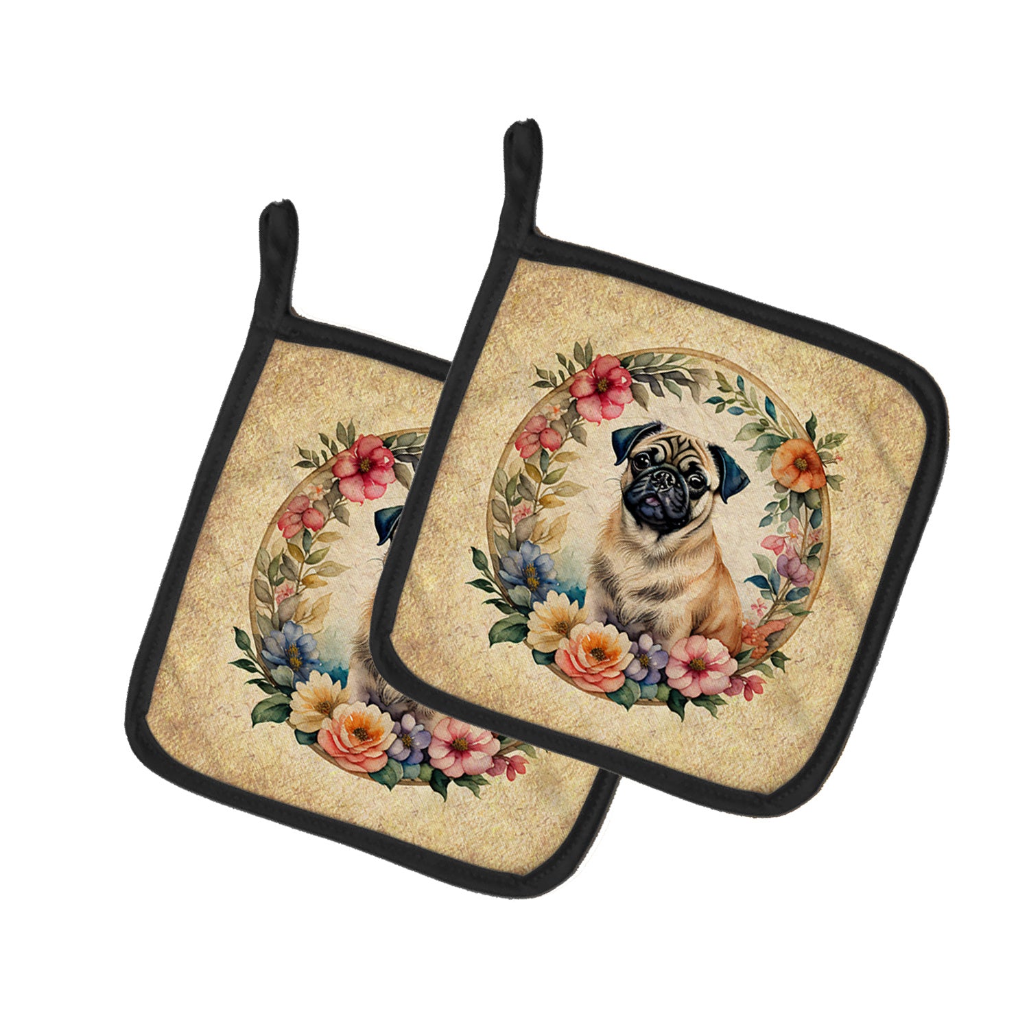 Fawn Pug and Flowers Pair of Pot Holders Kitchen Heat Resistant Pot Holders Sets Oven Hot Pads for Cooking Baking BBQ, 7 1/2 x 7 1/2