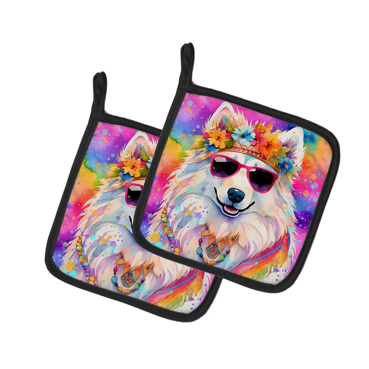 Samoyed Hippie Dawg Pair of Pot Holders Kitchen Heat Resistant Pot Holders Sets Oven Hot Pads for Cooking Baking BBQ, 7 1/2 x 7 1/2