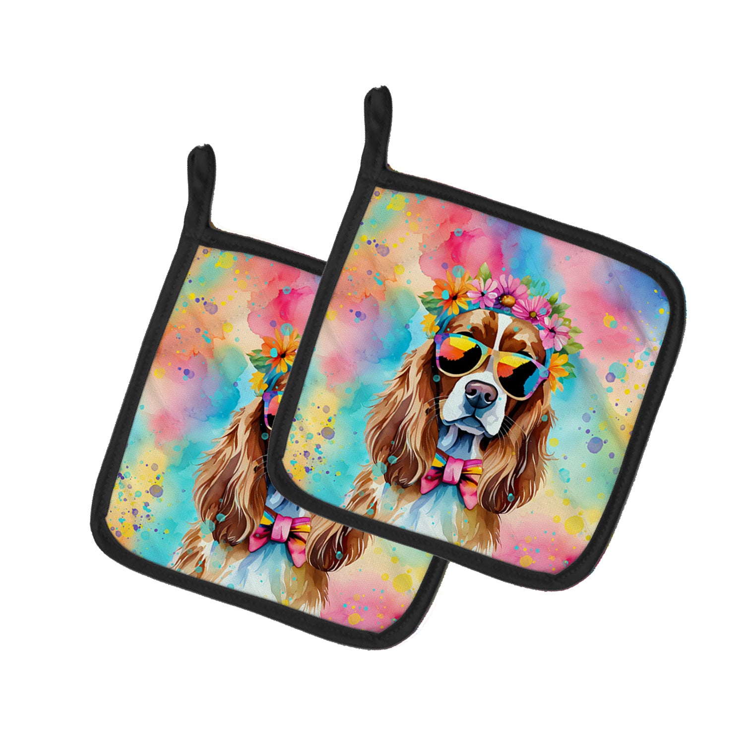 Cavalier Spaniel Hippie Dawg Pair of Pot Holders Kitchen Heat Resistant Pot Holders Sets Oven Hot Pads for Cooking Baking BBQ, 7 1/2 x 7 1/2