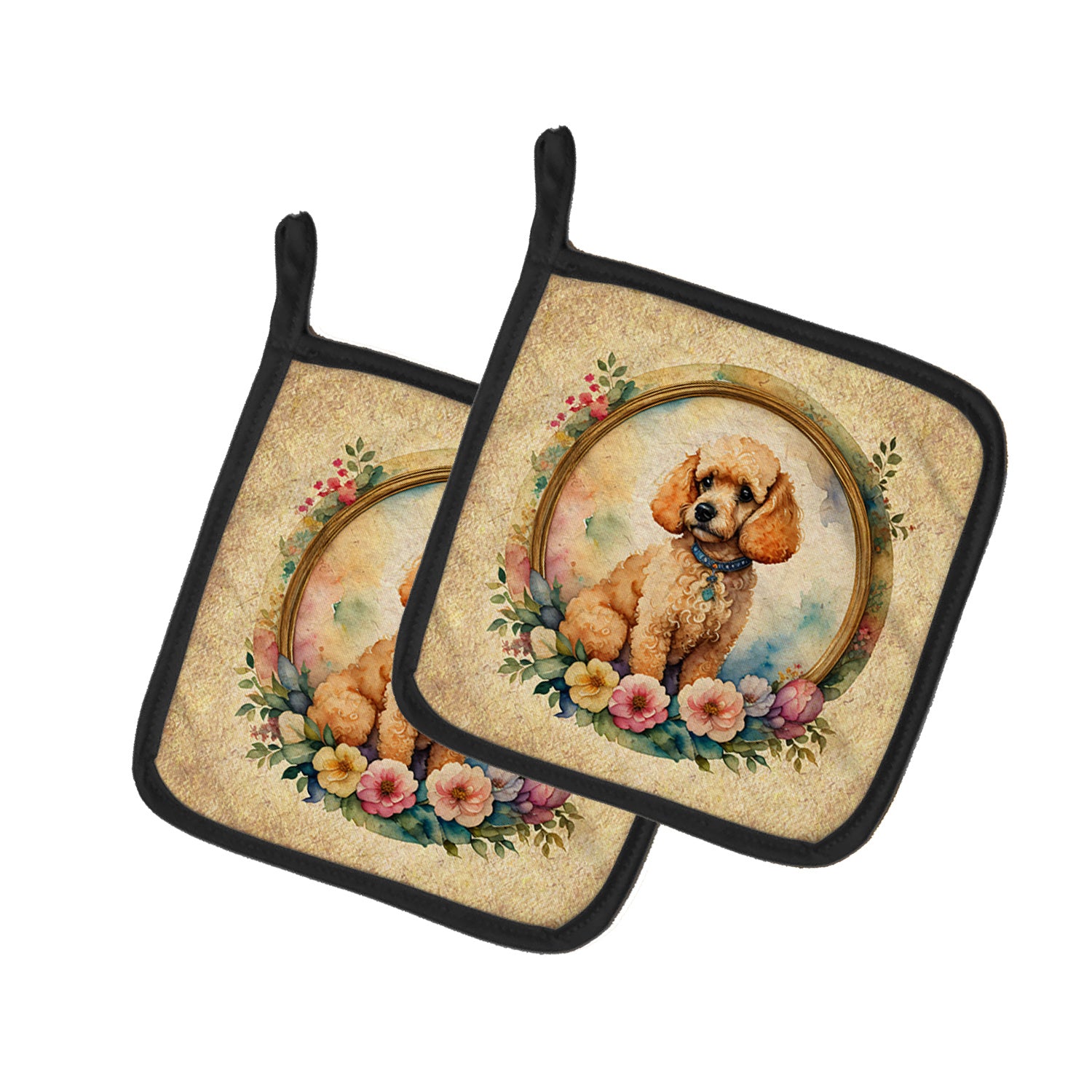 Poodle and Flowers Pair of Pot Holders Kitchen Heat Resistant Pot Holders Sets Oven Hot Pads for Cooking Baking BBQ, 7 1/2 x 7 1/2