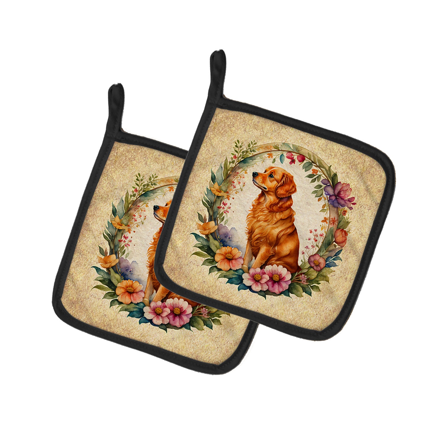 Nova Scotia Duck Tolling Retriever and Flowers Pair of Pot Holders Kitchen Heat Resistant Pot Holders Sets Oven Hot Pads for Cooking Baking BBQ, 7 1/2 x 7 1/2