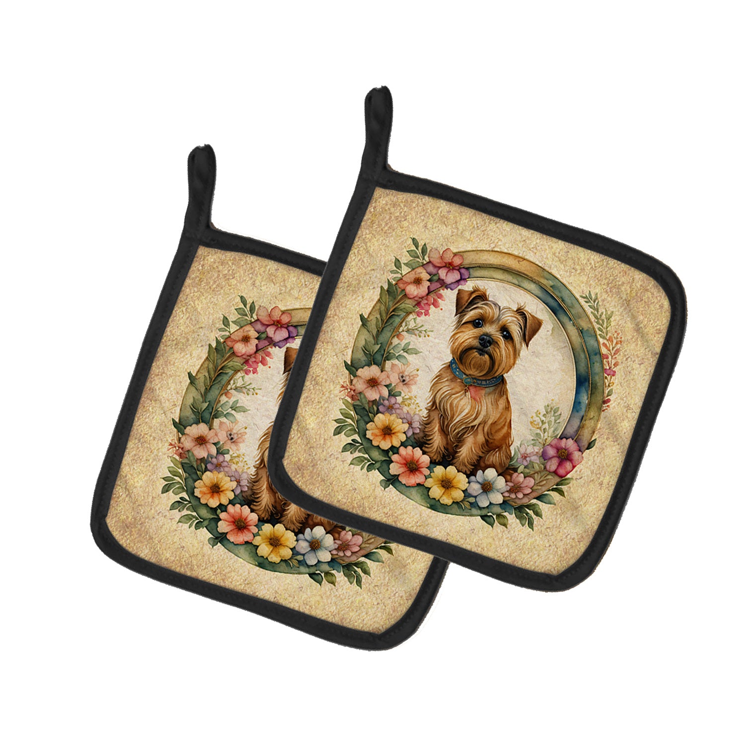 Norfolk Terrier and Flowers Pair of Pot Holders Kitchen Heat Resistant Pot Holders Sets Oven Hot Pads for Cooking Baking BBQ, 7 1/2 x 7 1/2