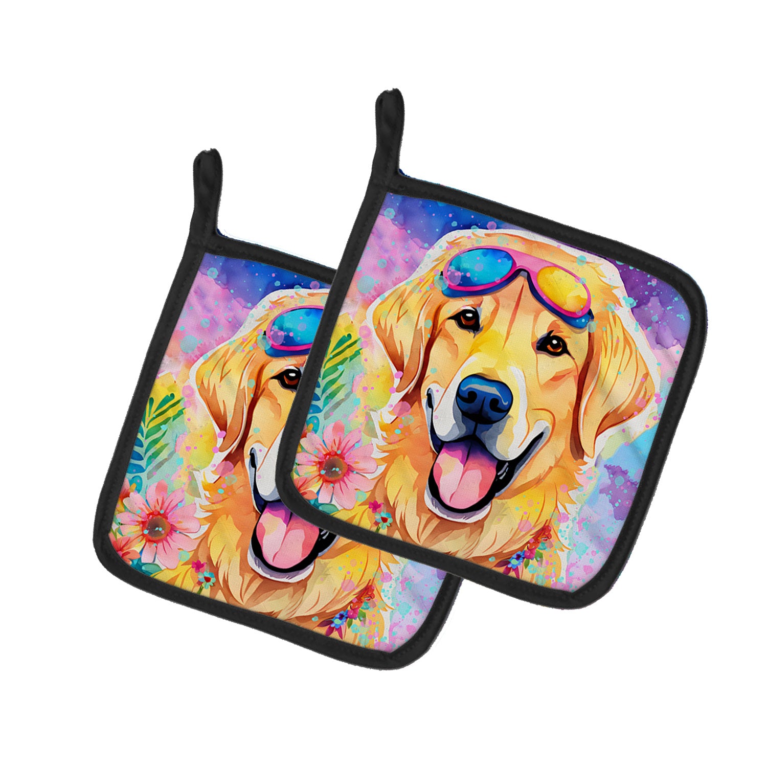 Yellow Labrador Hippie Dawg Pair of Pot Holders Kitchen Heat Resistant Pot Holders Sets Oven Hot Pads for Cooking Baking BBQ, 7 1/2 x 7 1/2