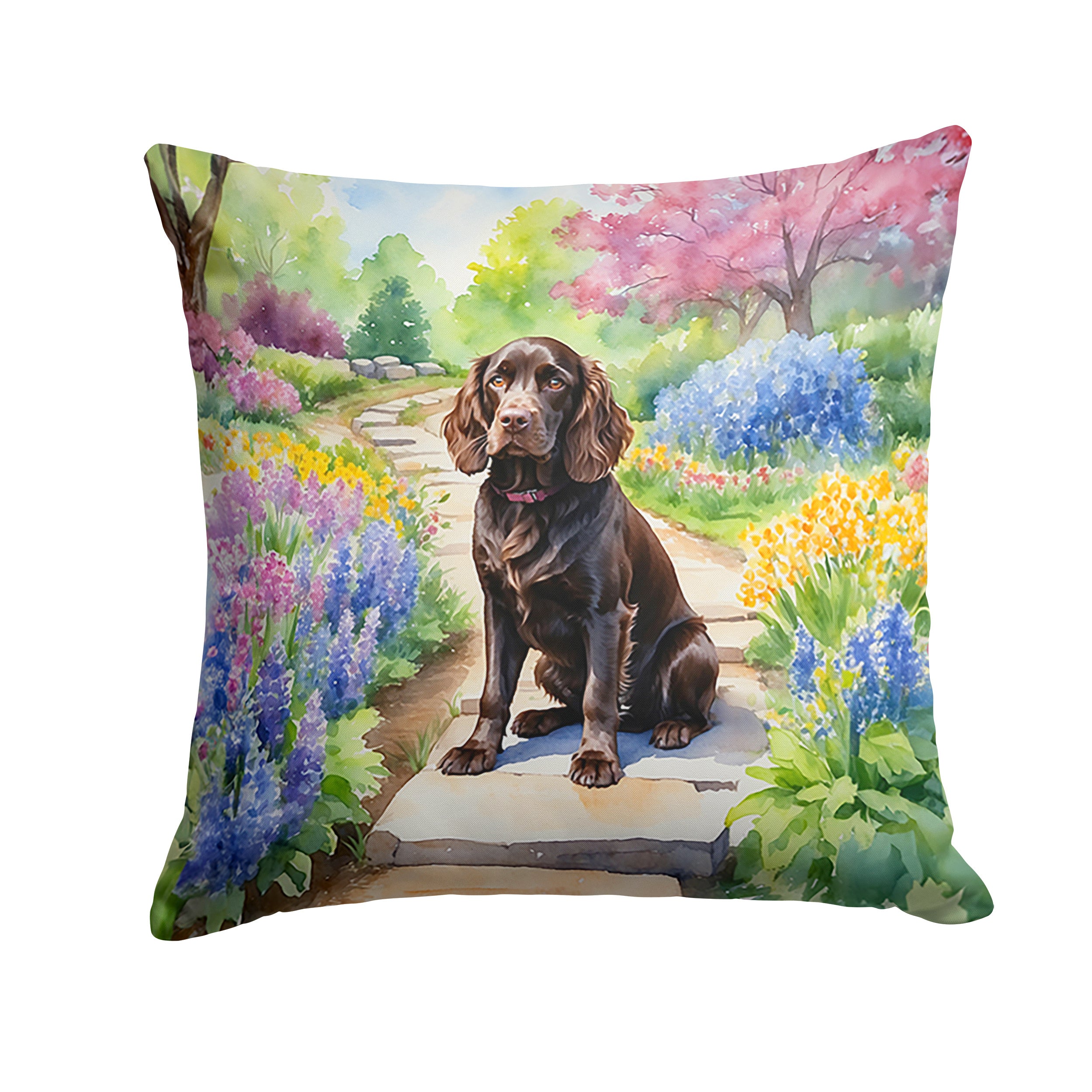 Boykin Spaniel Spring Path Throw Pillow Machine Washable, Indoor Outdoor Decorative Pillow for Couch, Bed or Patio, 14Hx14W