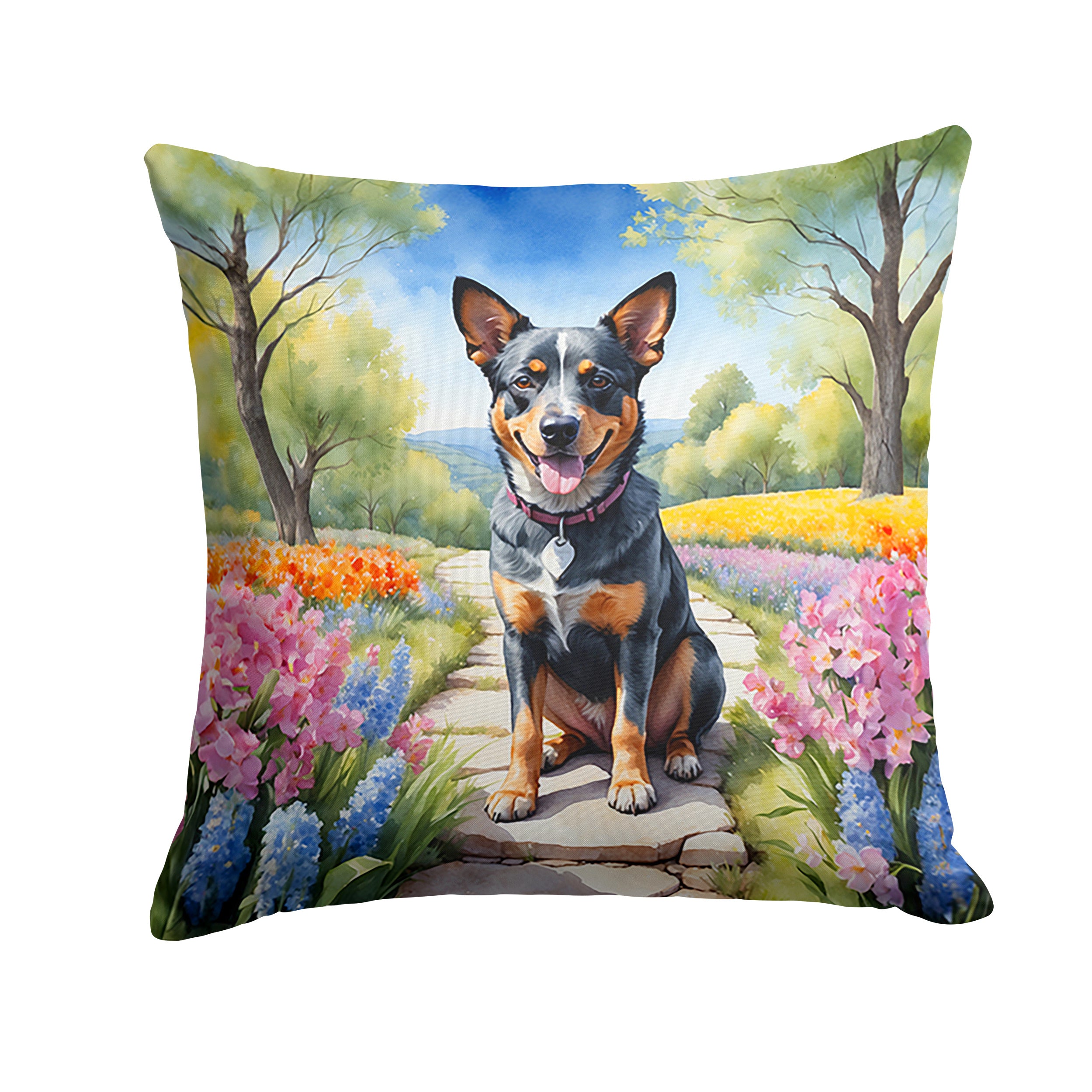 Australian Cattle Dog Spring Garden Throw Pillow Machine Washable, Indoor Outdoor Decorative Pillow for Couch, Bed or Patio, 14Hx14W