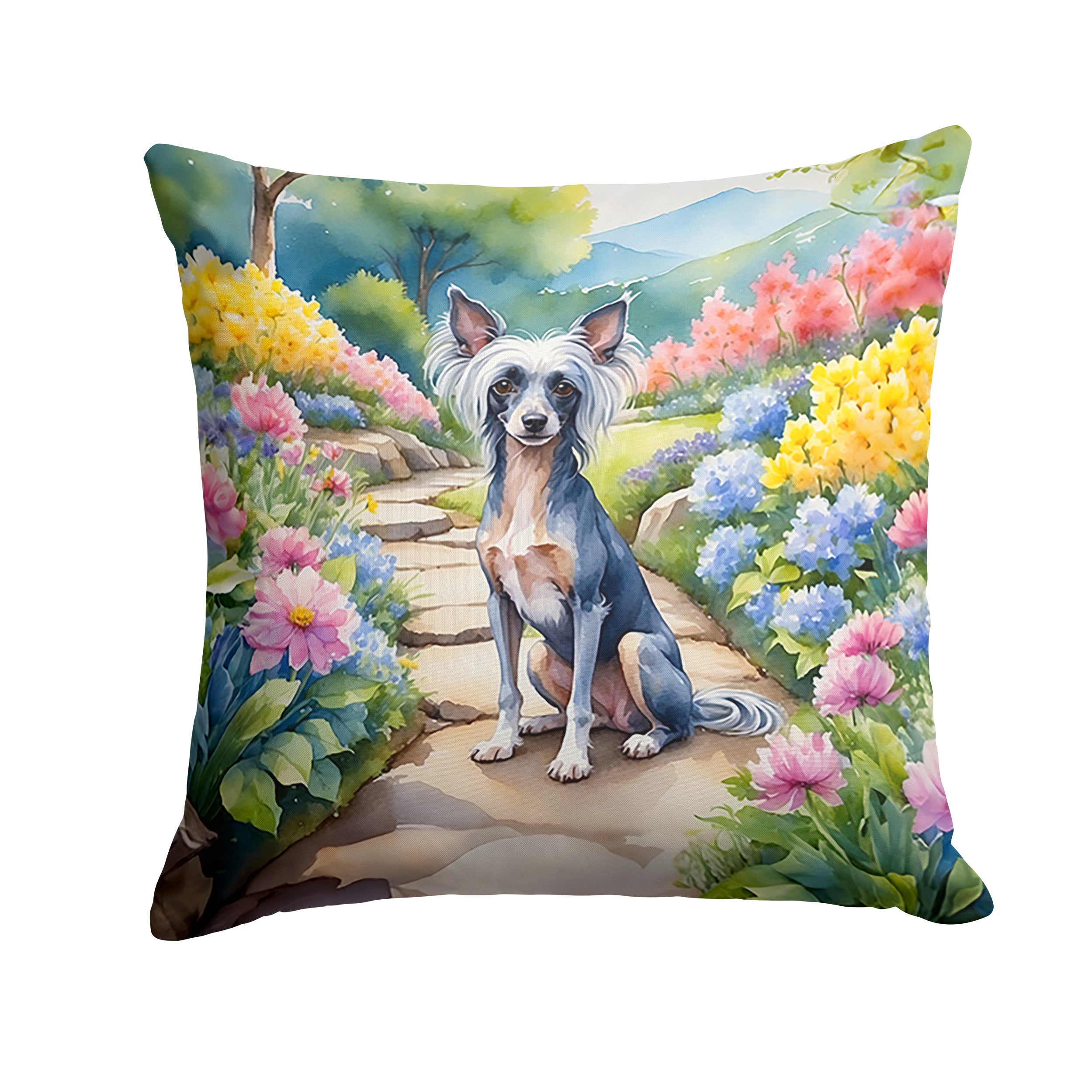 Chinese Crested Spring Path Throw Pillow Machine Washable, Indoor Outdoor Decorative Pillow for Couch, Bed or Patio, 14Hx14W