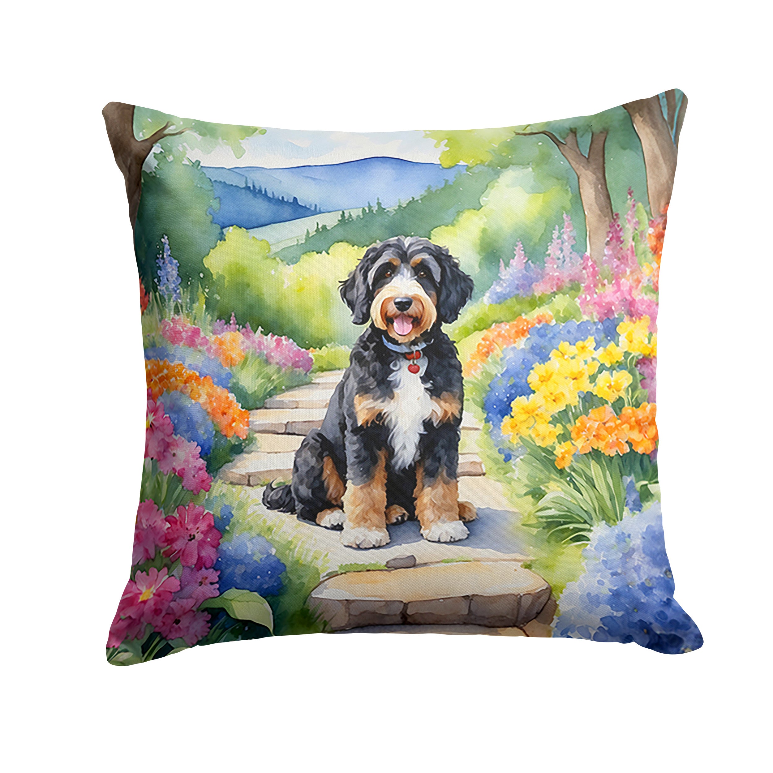 Bernedoodle Spring Path Throw Pillow Machine Washable, Indoor Outdoor Decorative Pillow for Couch, Bed or Patio, 14Hx14W