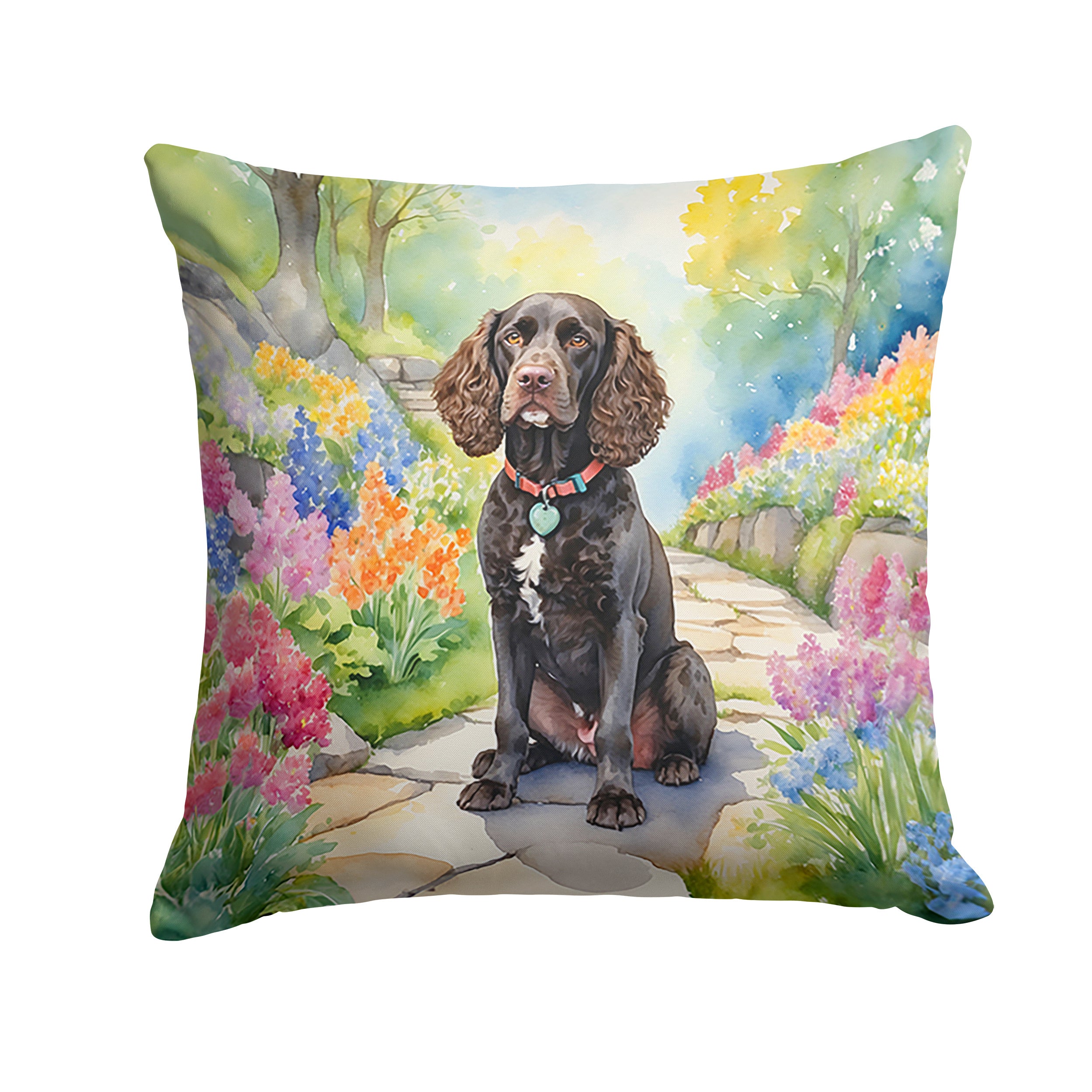 American Water Spaniel Spring Garden Throw Pillow Machine Washable, Indoor Outdoor Decorative Pillow for Couch, Bed or Patio, 14Hx14W