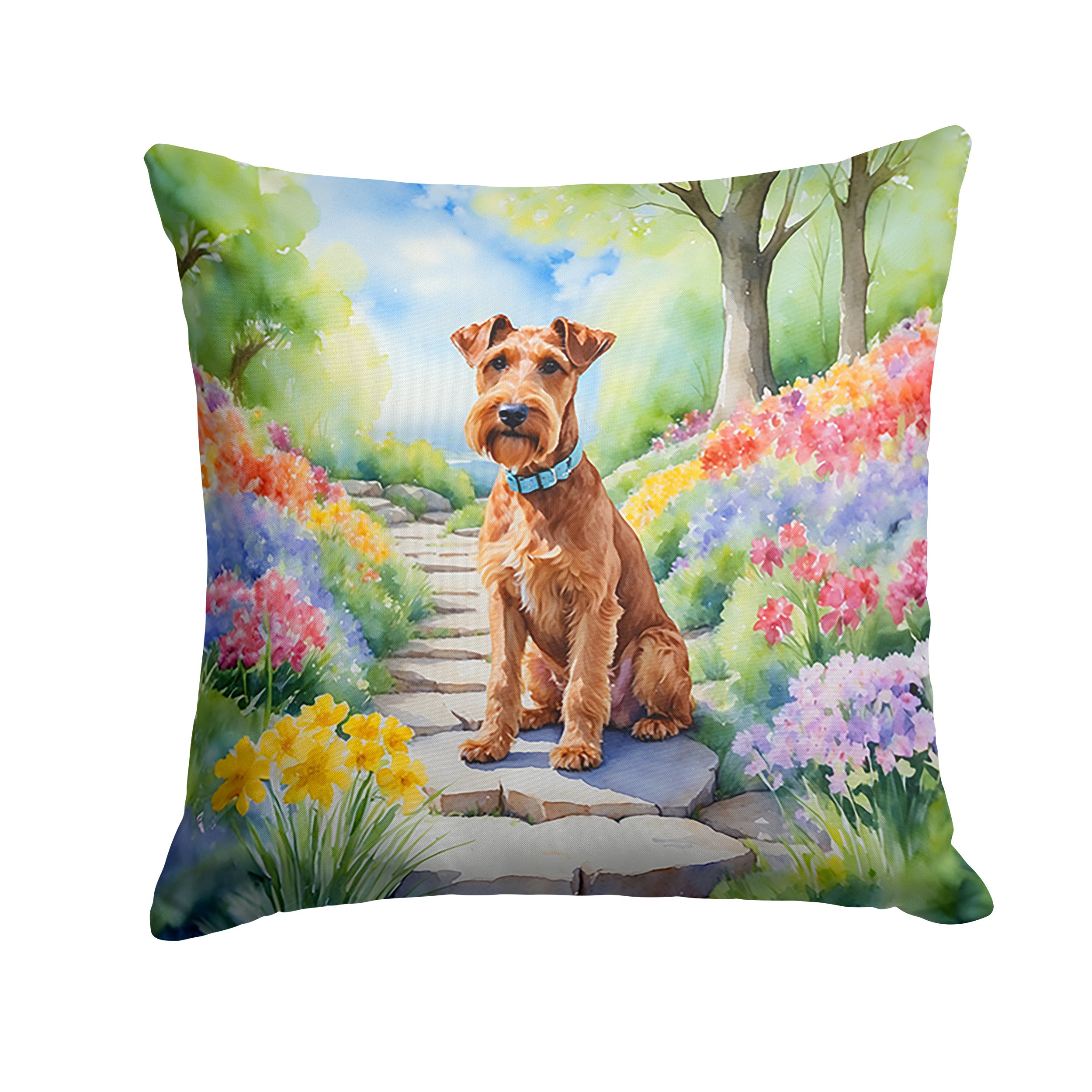 Irish Terrier Spring Path Throw Pillow Machine Washable, Indoor Outdoor Decorative Pillow for Couch, Bed or Patio, 14Hx14W