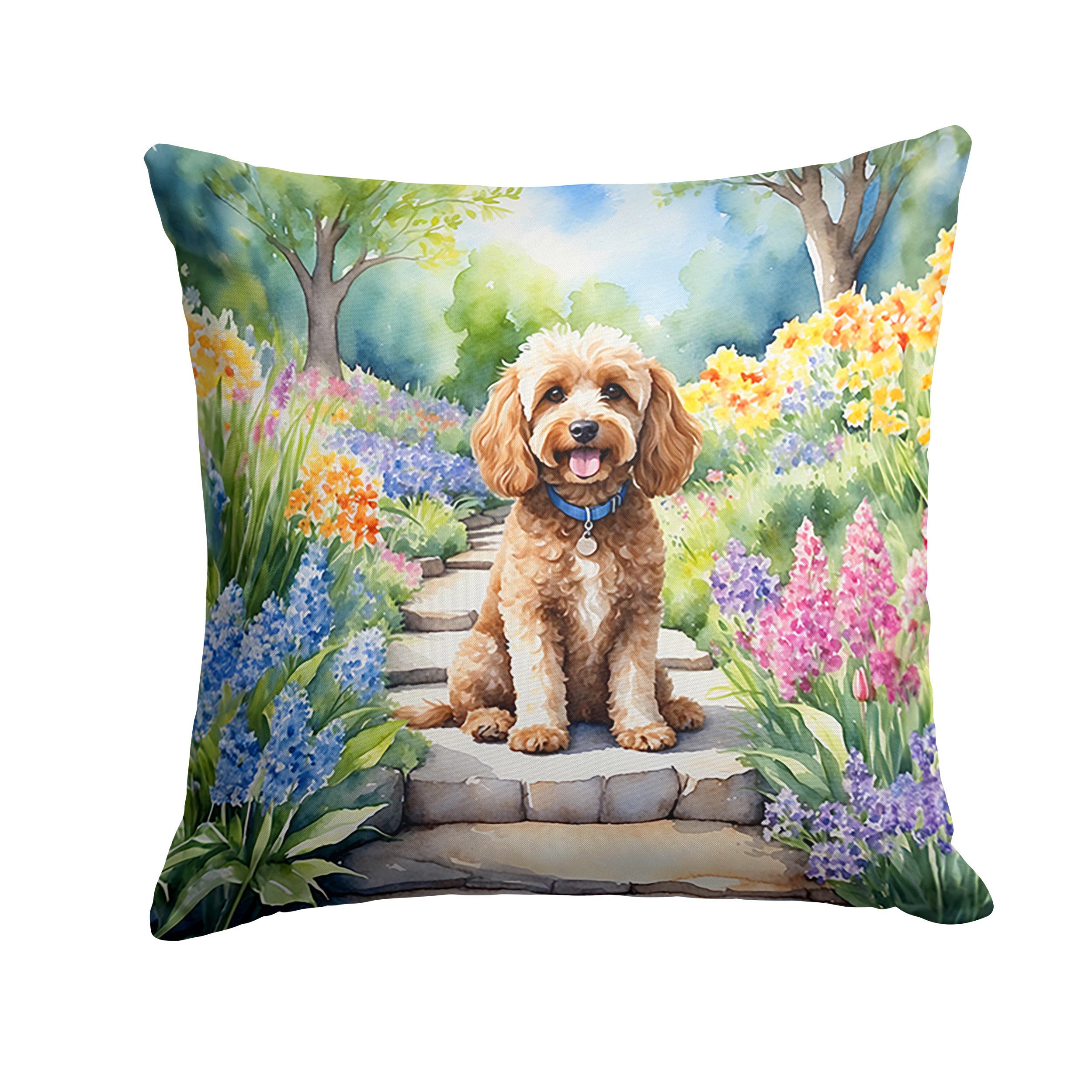 Cockapoo Spring Path Throw Pillow Machine Washable, Indoor Outdoor Decorative Pillow for Couch, Bed or Patio, 14Hx14W