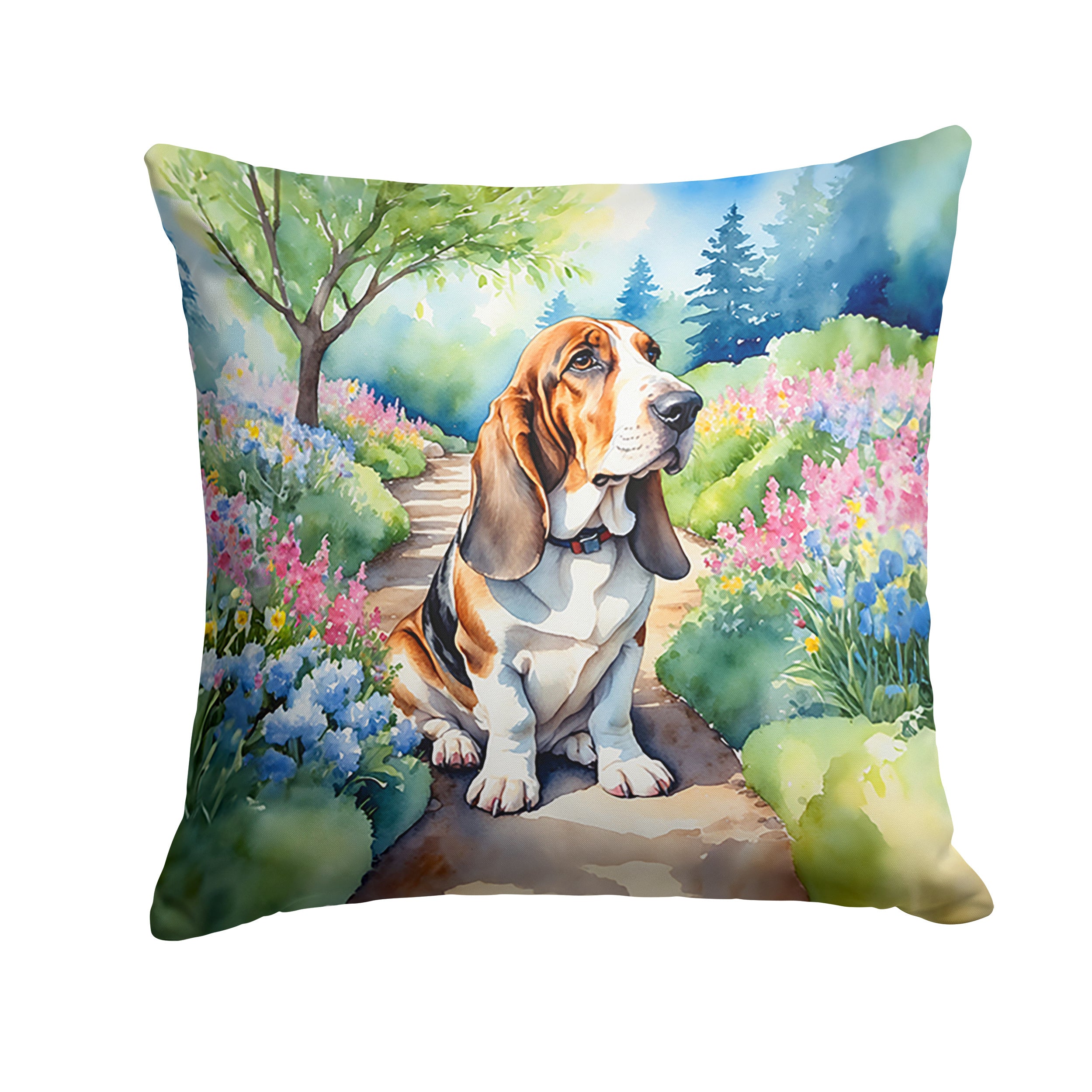 Basset Hound Spring Garden Throw Pillow Machine Washable, Indoor Outdoor Decorative Pillow for Couch, Bed or Patio, 14Hx14W