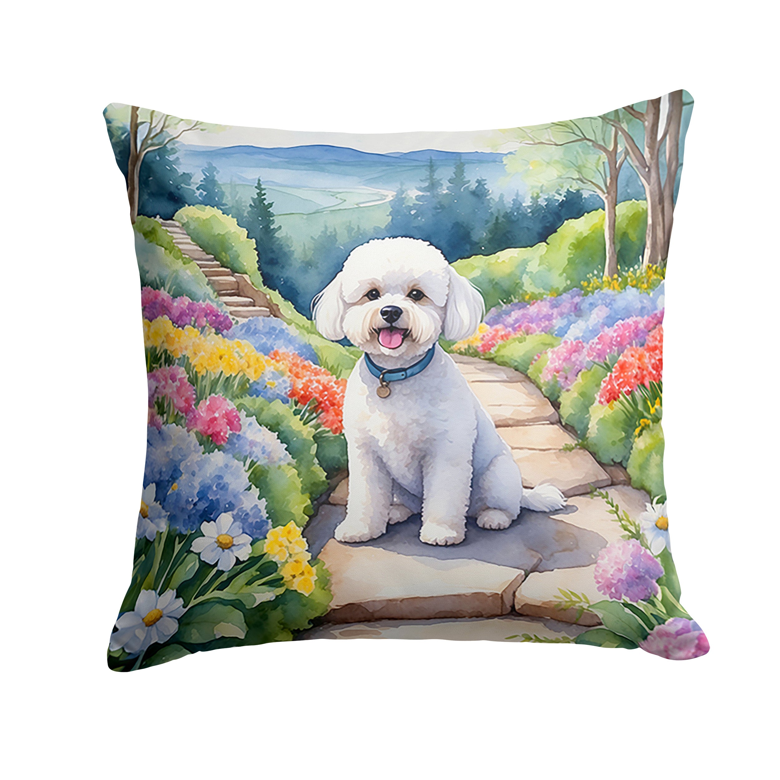 Bichon Frise Spring Path Throw Pillow Machine Washable, Indoor Outdoor Decorative Pillow for Couch, Bed or Patio, 14Hx14W