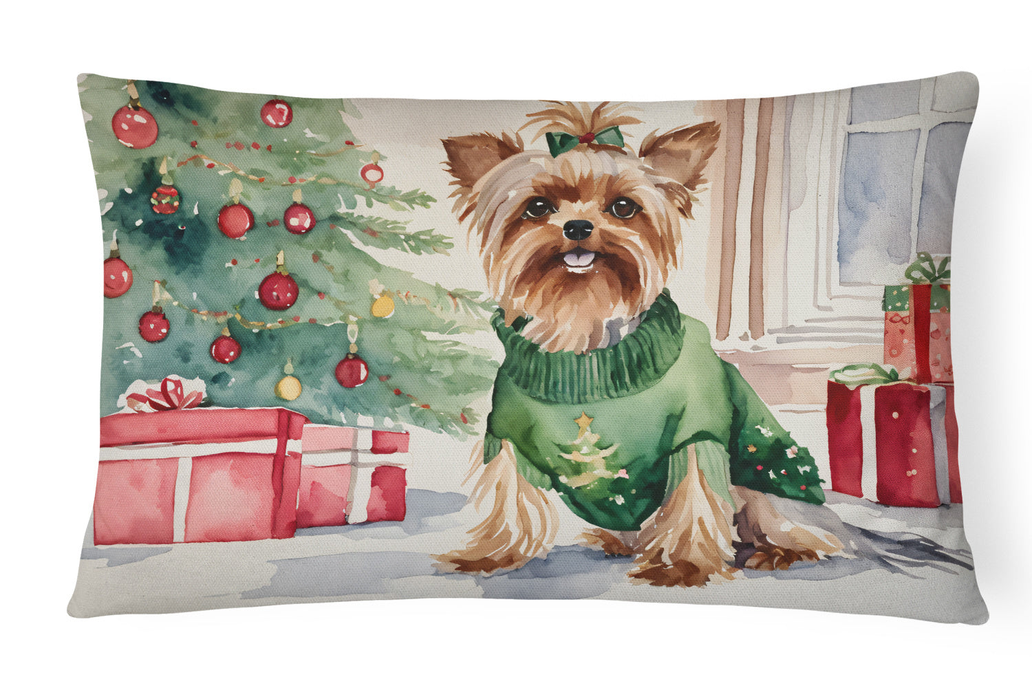 Waiting on Christmas Throw Pillow Throw Pillow for Indoor Couch Bed Outdoor Patio Washable, Yorkie 1400,12Hx16W