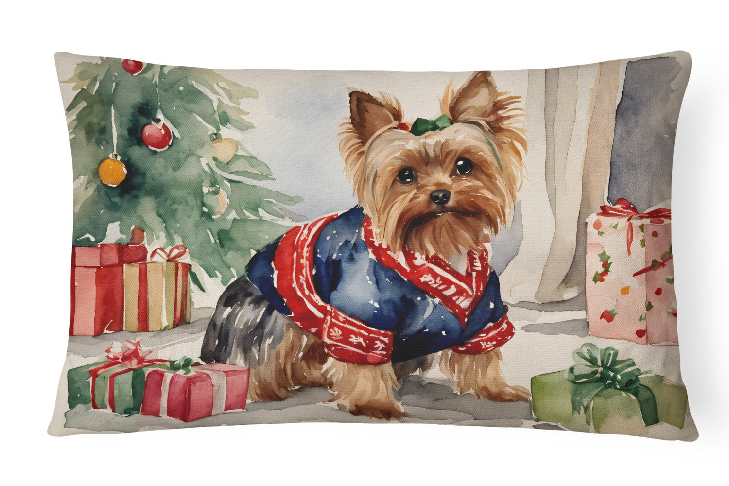 Waiting on Christmas Throw Pillow Throw Pillow for Indoor Couch Bed Outdoor Patio Washable, Yorkie 1391,12Hx16W