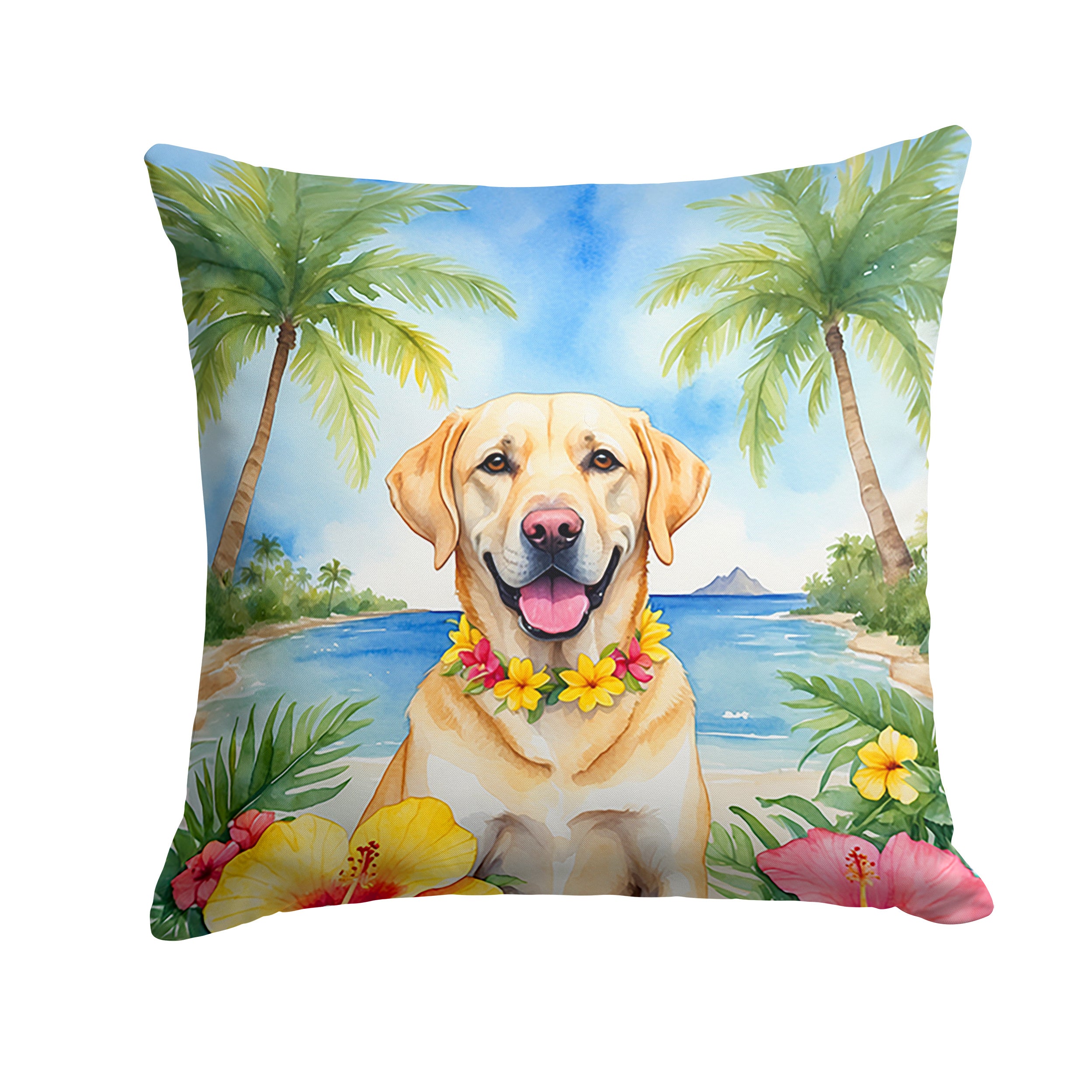 Yellow Labrador Retriever Luau Throw Pillow Machine Washable, Indoor Outdoor Decorative Pillow for Couch, Bed or Patio, 14Hx14W