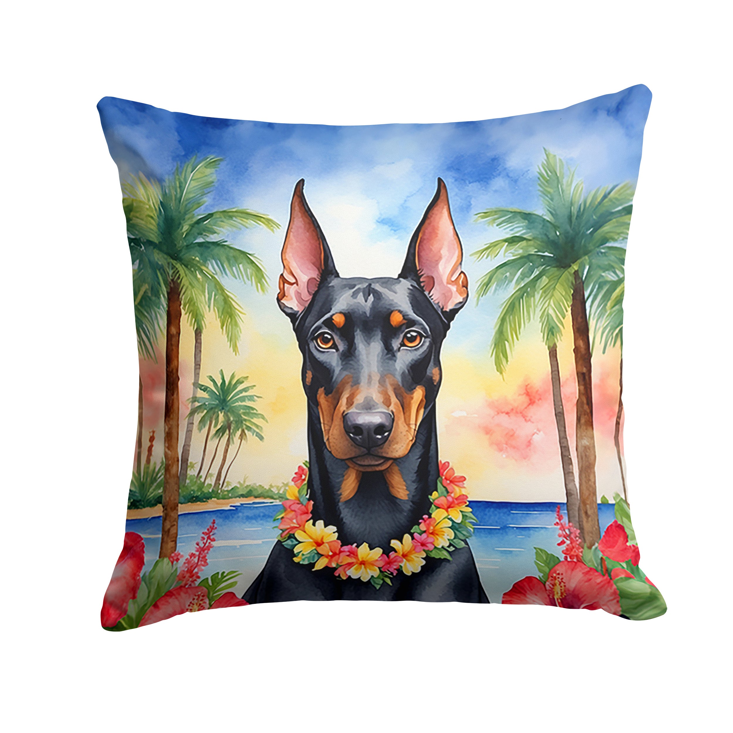 Doberman Pinscher Luau Throw Pillow Machine Washable, Indoor Outdoor Decorative Pillow for Couch, Bed or Patio, 14Hx14W