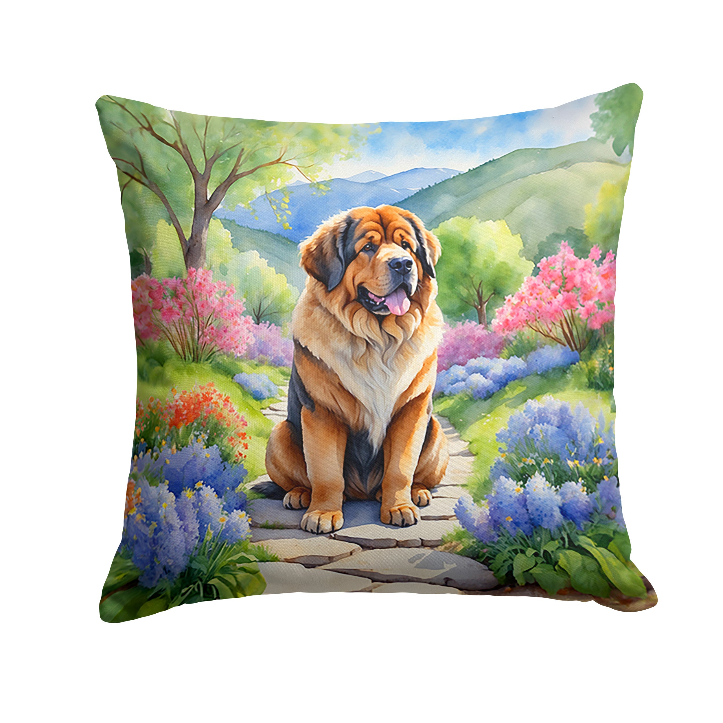 Tibetan Mastiff Spring Path Throw Pillow Machine Washable, Indoor Outdoor Decorative Pillow for Couch, Bed or Patio, 14Hx14W