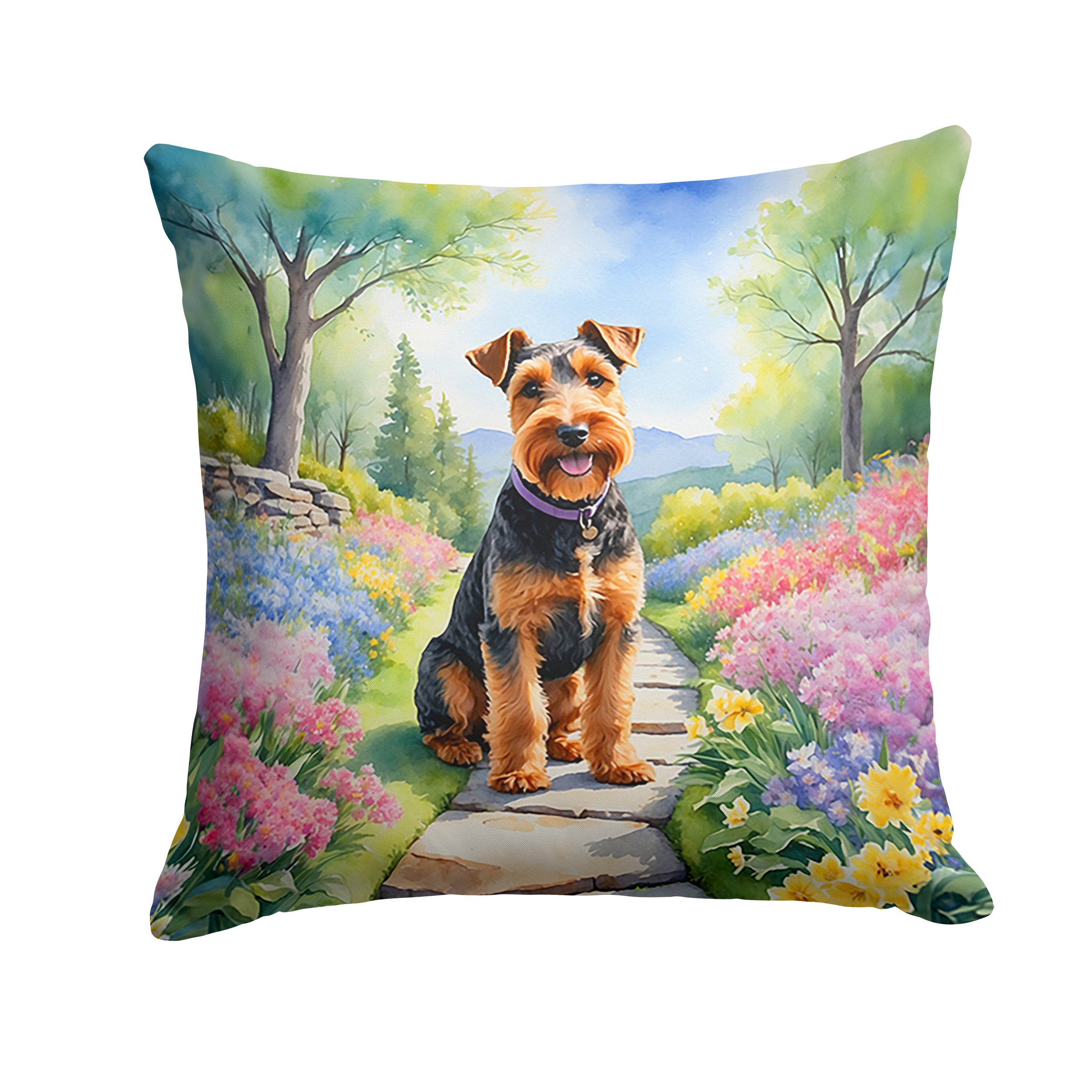 Welsh Terrier Spring Path Throw Pillow Machine Washable, Indoor Outdoor Decorative Pillow for Couch, Bed or Patio, 14Hx14W