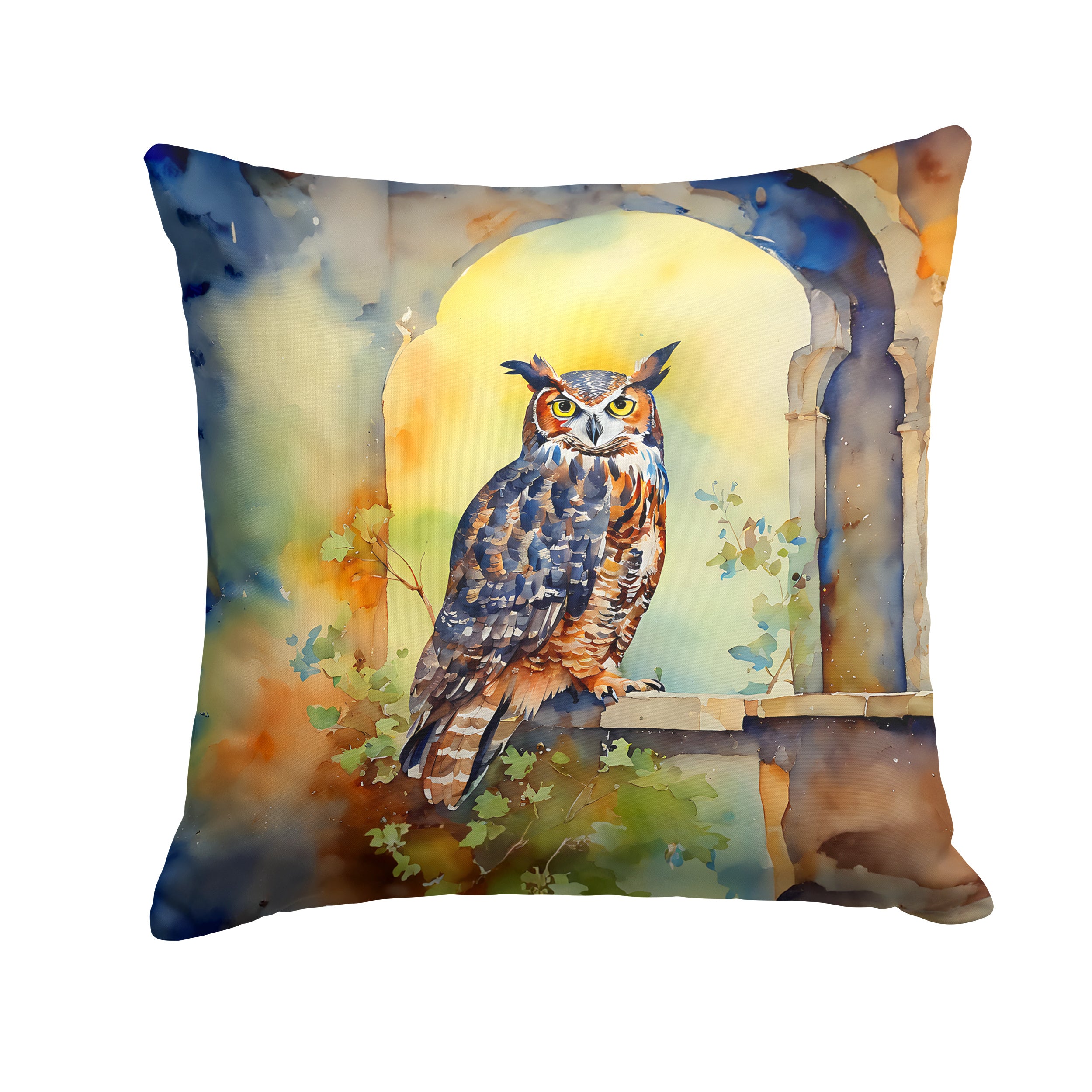 Great Horned Owl Throw Pillow Machine Washable, Indoor Outdoor Decorative Pillow for Couch, Bed or Patio, 14Hx14W