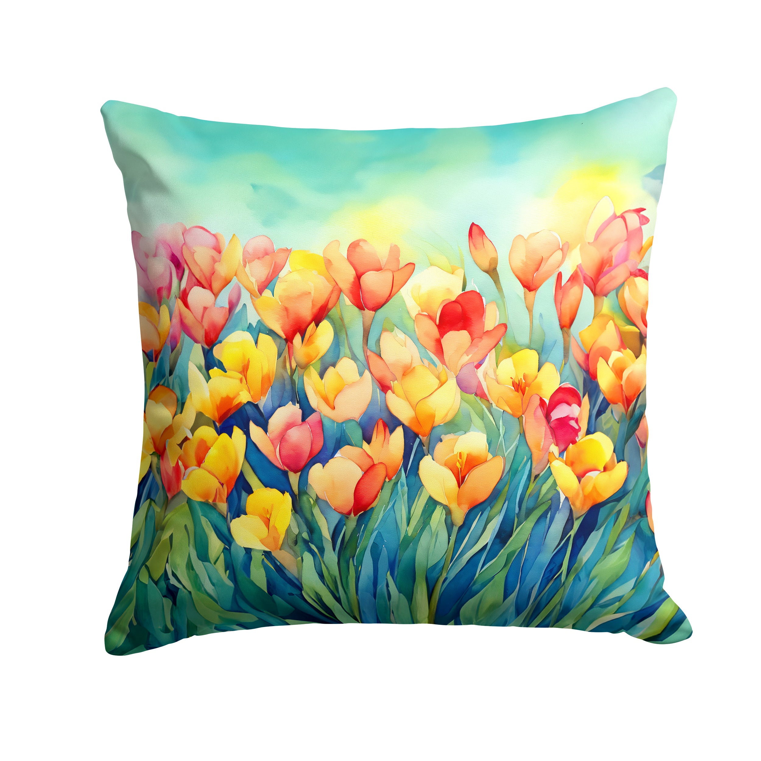 Freesias in Watercolor Throw Pillow Machine Washable, Indoor Outdoor Decorative Pillow for Couch, Bed or Patio, 14Hx14W